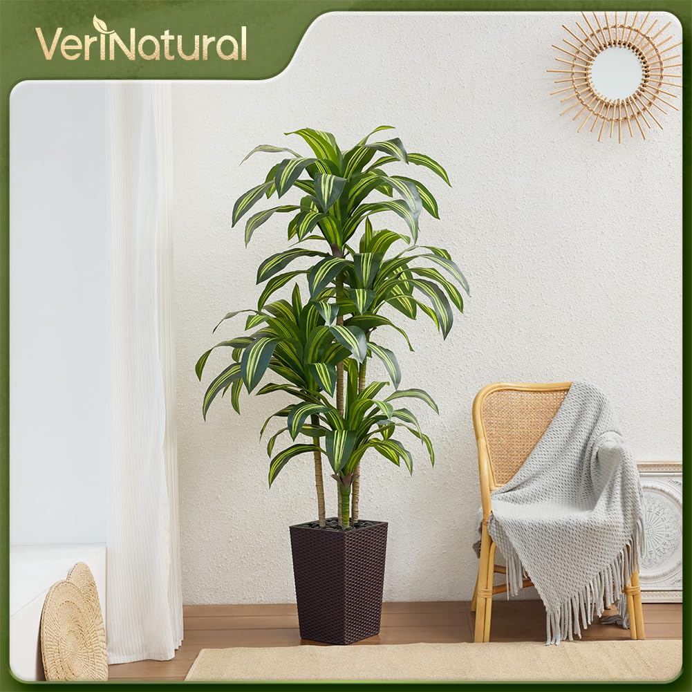 VeriNatural Künstlicher Drachenbaum 180 cm Kunstpflanzen Groß - UV-beständige künstliche Pflanze mit 96 Blättern, Braun Topf & Flusssteinen - Deko Pflanze für Wohnzimmer Büro Indoor Outdoor, VN127 | Kunstpflanzen Groß mit 76 Blättern & Flusssteinen Deko K