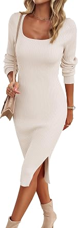 VintageClothing Womens 2026 Fall Long Sleeve Sweater Dress Square Neck Side Slit Bodycon Ribbed Knit Slim Fit Midi Dress, L White