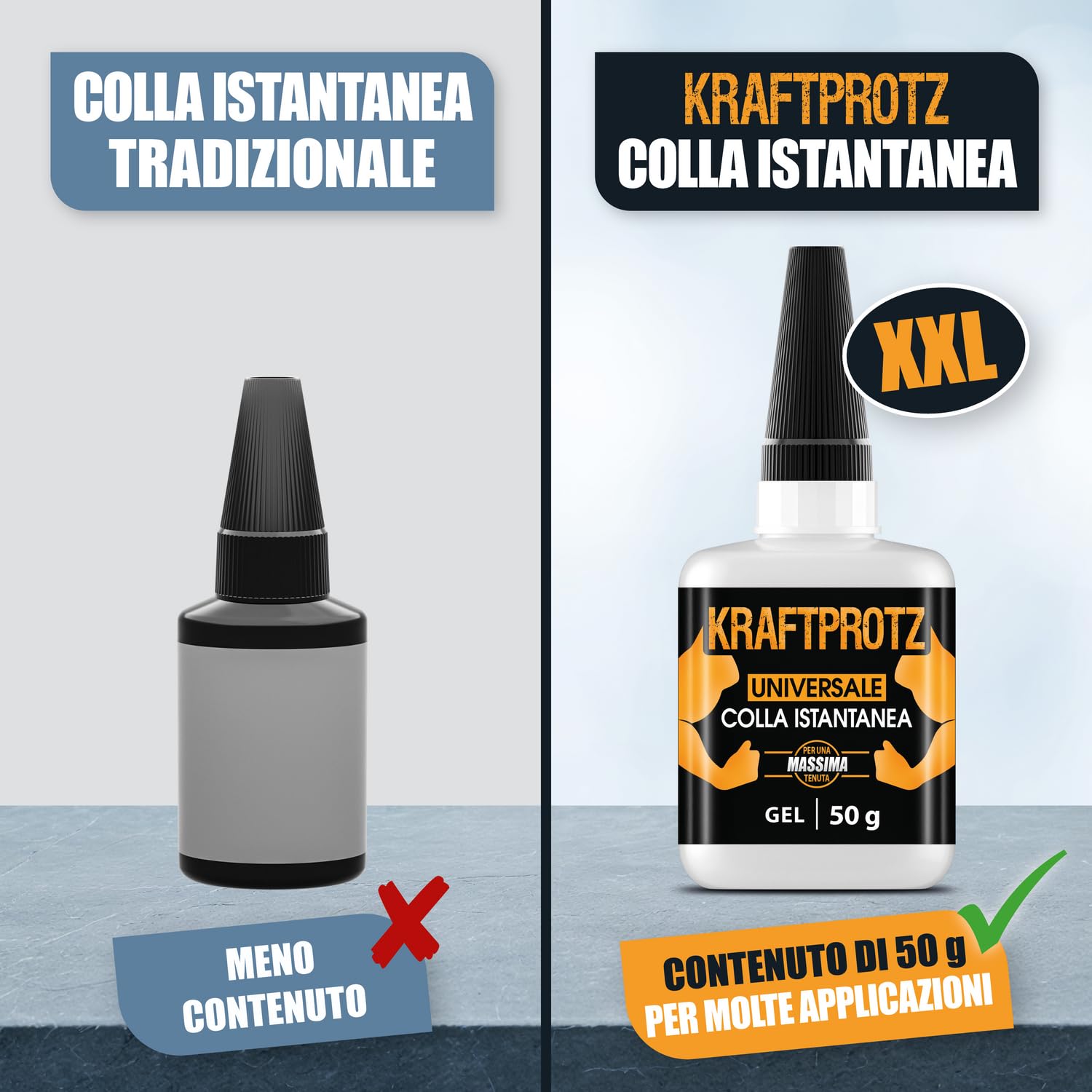 Colla istantanea in gel extra forte 50 g – Supercolla XXL con ago dosatore – trasparente, non cola, impermeabile e resistente al calore – adesivo per plastica, legno, metallo, vetro – KRAFTPROTZ ARKA