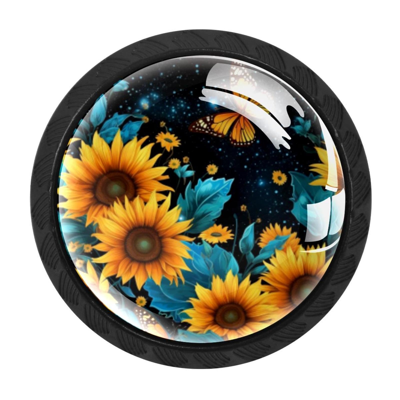 CHENZZZZ 4 Pack Round Cabinet Knobs for Kitchen Bathroom Closet Dresser Cabinets, Starry Night Sunflower Butterfly