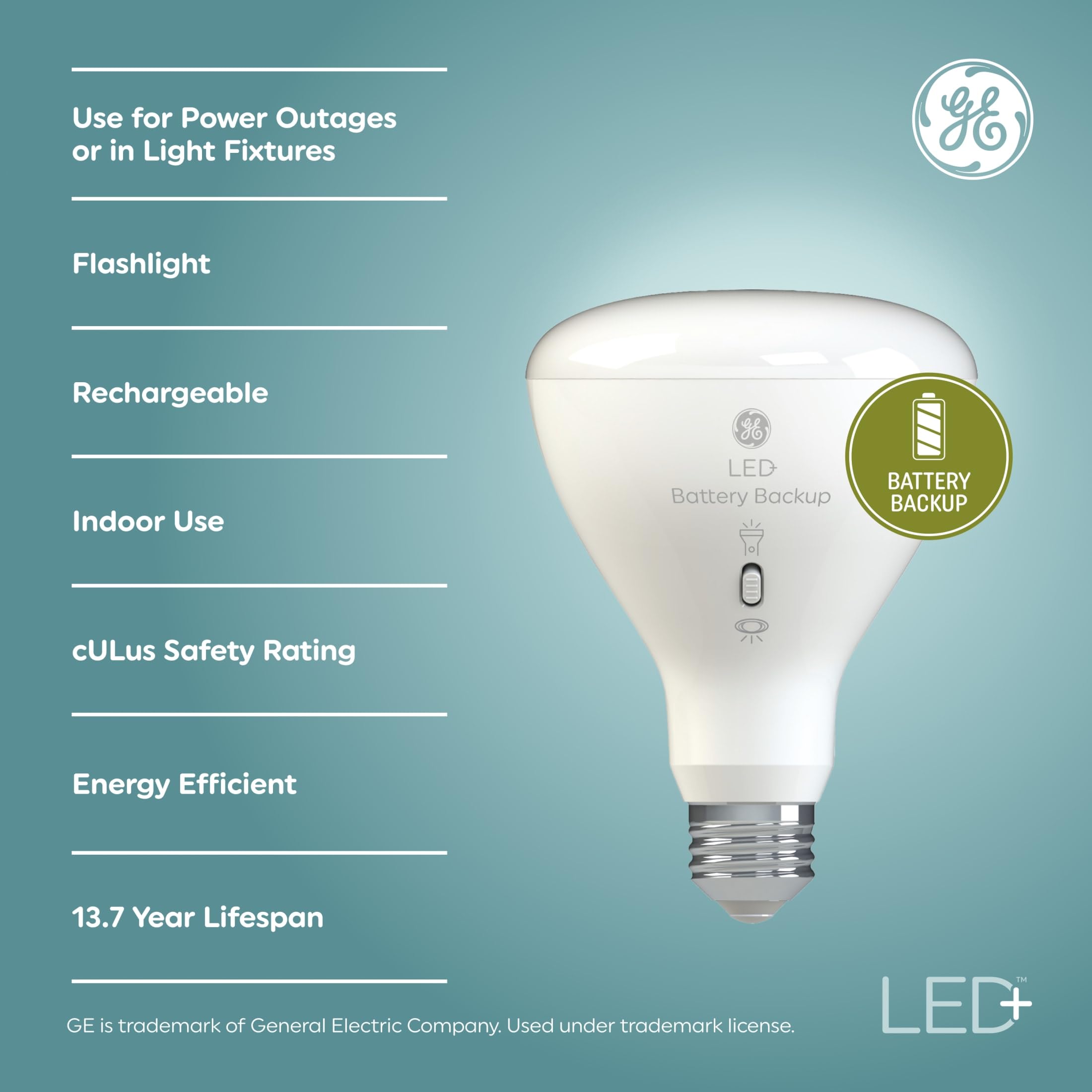 GE LED+ Battery Backup A21 LED Light Bulbs, Rechargeable Light for Power Outages + Flashlight, Soft White (2 Pack)