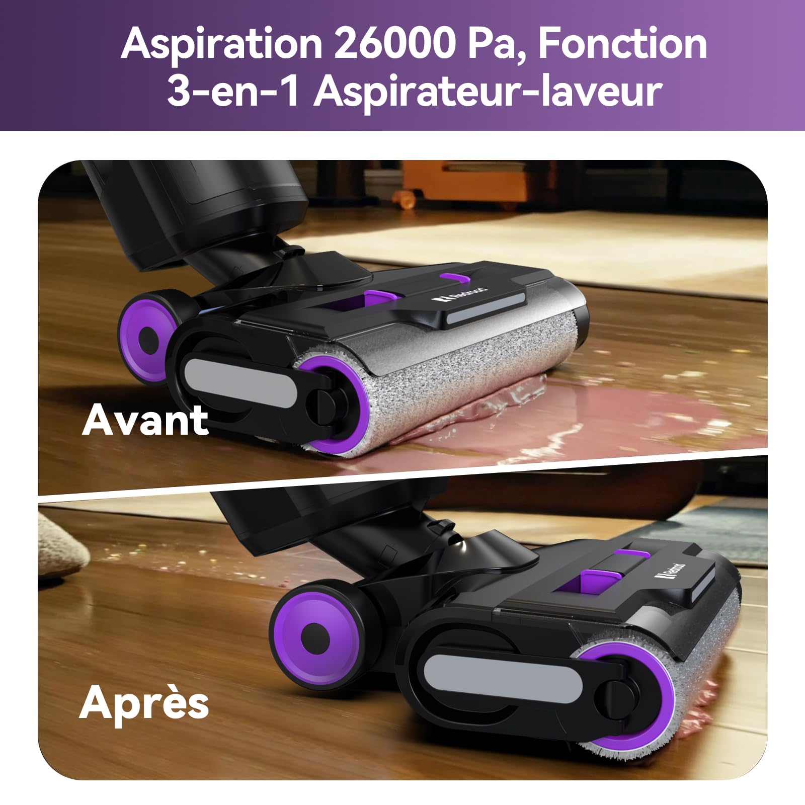 Redkey W15 Aspirateur Balai Laveur sans Fil, 26.000 Pa Balai aspirateur Laveur 3 en 1, Aspiration Puissant Eau et Poussière, 5mm Simple Lamination, Longue Autonomie, LED écran Digital, Auto-Nettoyage