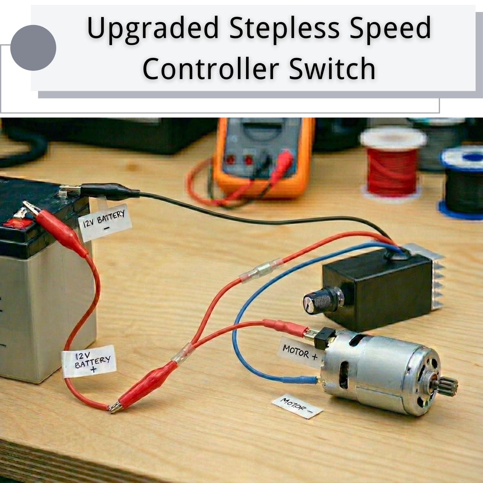 DC Motor Drehzahlregler 12V 24V 10A PWM, Universeller elektronischer stufenloser variabler Reglerschalter mit Kühlkörper & Hebeldrahtanschlüssen für einfache Verkabelung, Auto LKW
