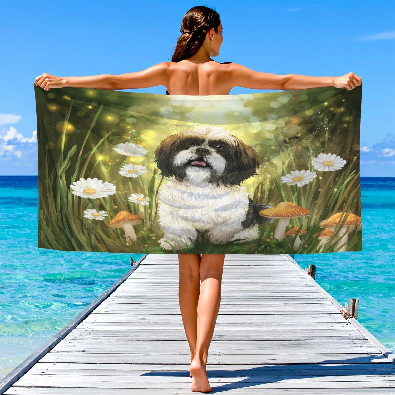 Générique Grande Serviette de Plage 180 x 100 CM,Drap de Plage Microfibre,Couverture de Plage Absorbante Rapide pour Fantaisie, Chaleureux, Apaisant, Onirique Phare, Fleurs, Collines, Étoiles