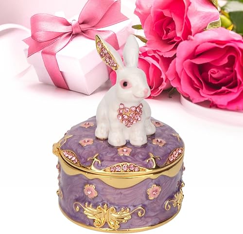 Vista 8 de Srliya Caja de baratijas de conejo esmaltada pintada a mano, organizador de joyas con bisagras para almacenamiento de aretes de mini anillos, adorno