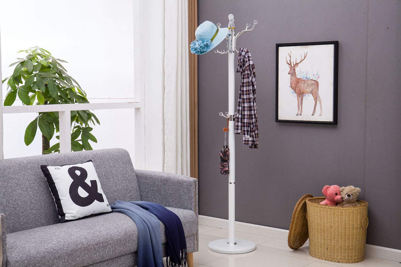 Modernique® Metallo Metal Tube Coat Rack with Heavy Sturdy Base. Different Height and all around 14 hooks positioned. (White)
