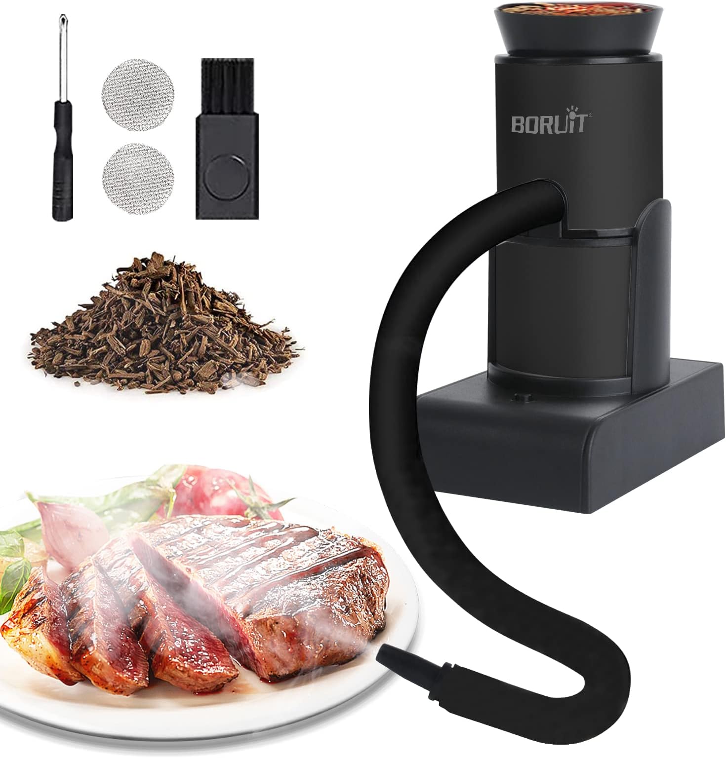 BORUiT SK305 Smoking Gun, Portable Handheld Smoke Infuser,Cocktail Smoker, Food Smoker Kit for Any Meat Cocktail Cheese BBQ Steak Beef, Sausage, Vegetable Salad,Drinks,Smoking Accessories (Black)