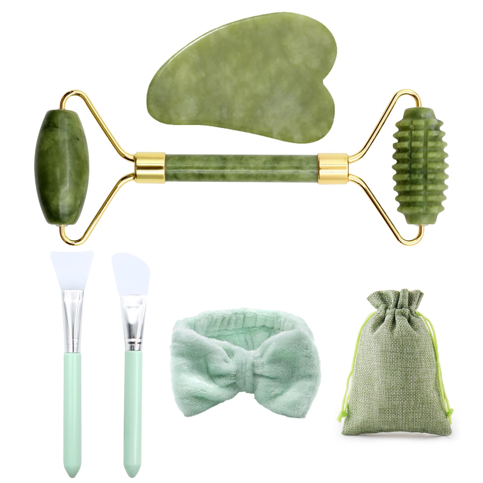 ZYKORT Guasha Kit Aus Rosenquarz – Mit Jade-Rolle, Guasha-Stein, Bürsten & Beutel, Für Gesichts- Und Körpermassage