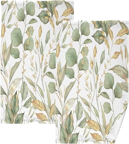 Kigai Juego de 2 toallas de mano de hojas verdes y doradas, altamente absorbentes, suaves, decorativas, de algodón, para cocina y baño, 16 x 28