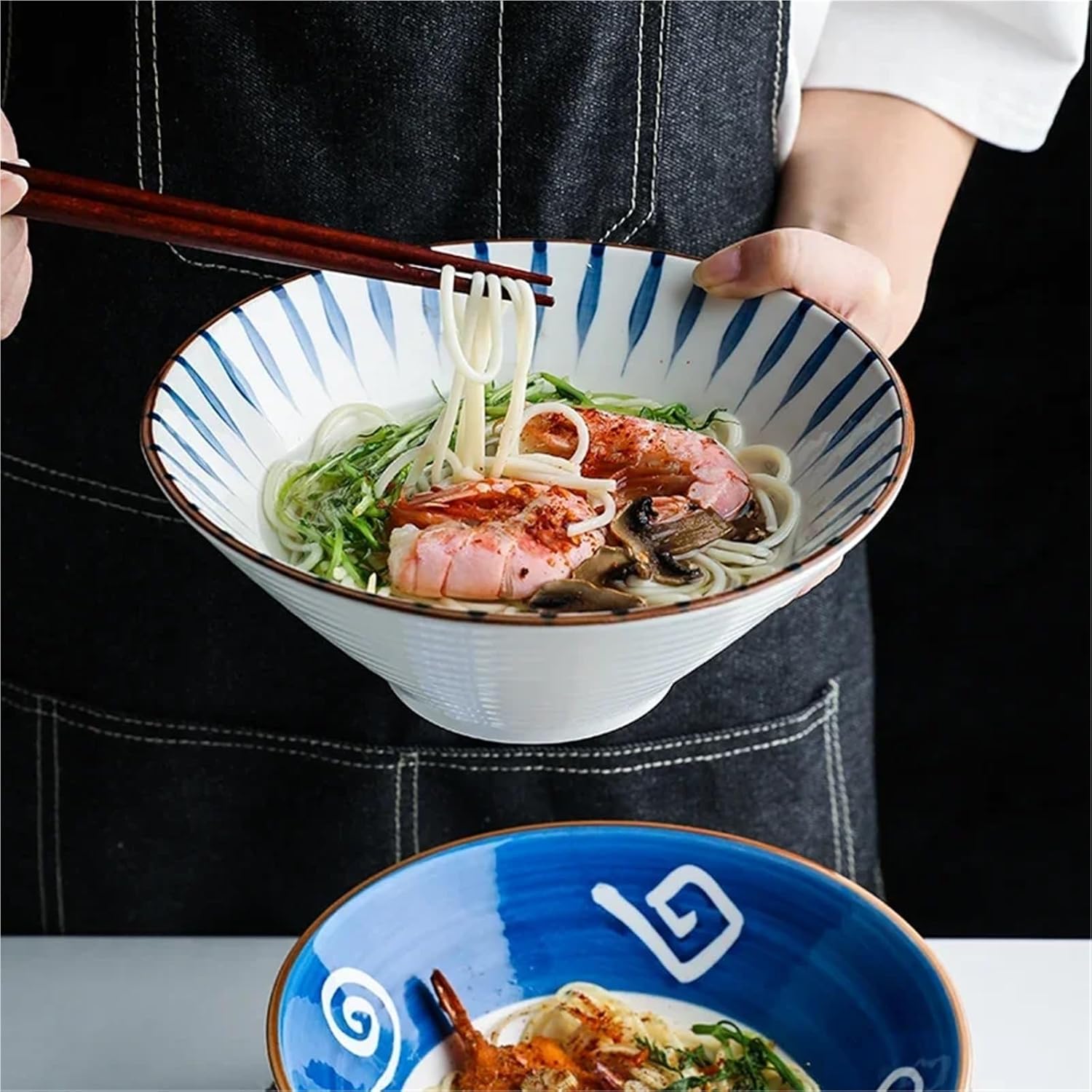 8 Inch Japanese Ramen Noodle Bowl, Microwave Safe Ceramic Dinnerware for Salad Rice Pasta Fruit Soup(Stripe)