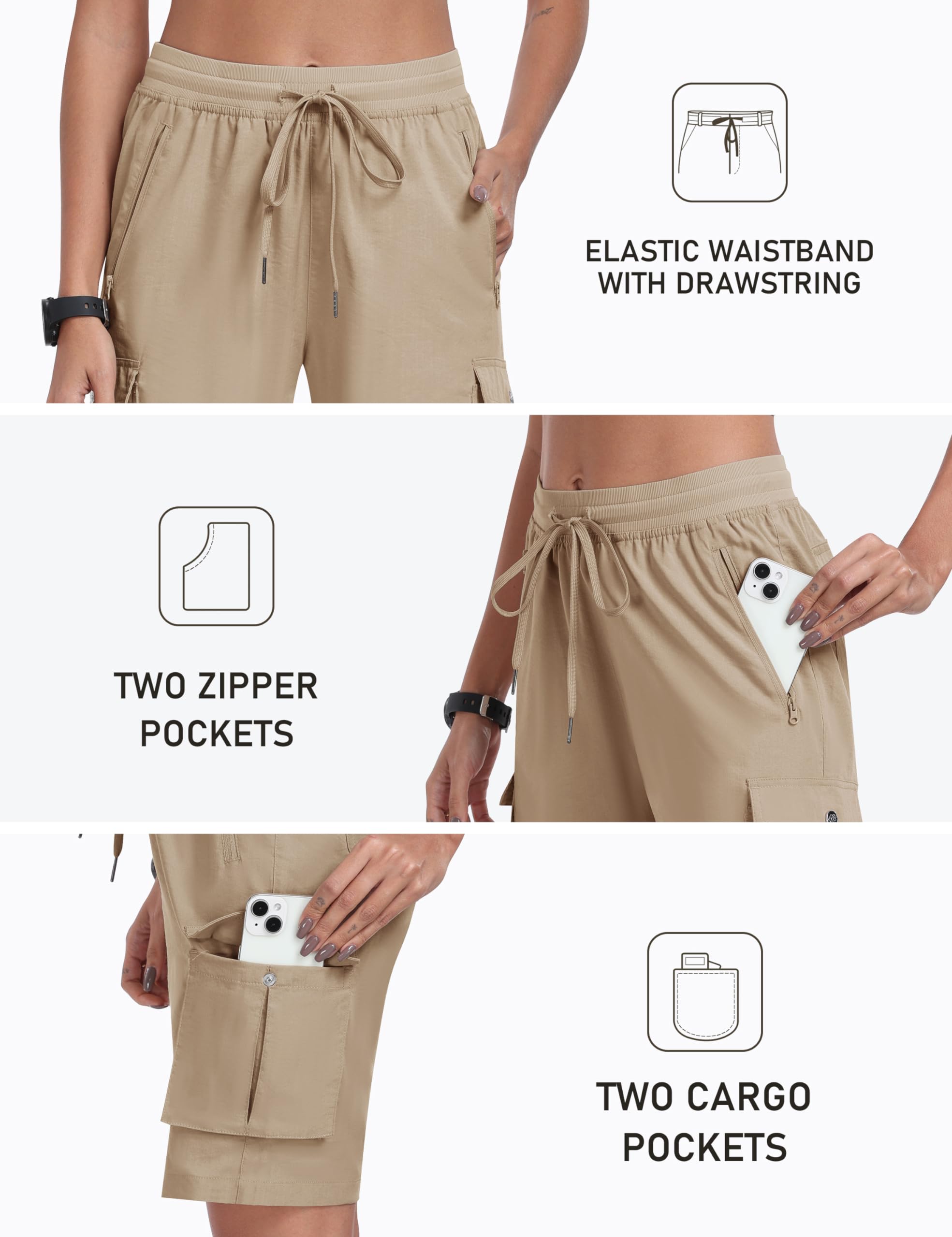 MoFiz Pantalones Cortos Cargo Mujer Bermudas Shorts Cintura Elástica Ligero Secado Rápido Pantalón Cortos de Trekking Senderismo Ocio Trabajo Jogger