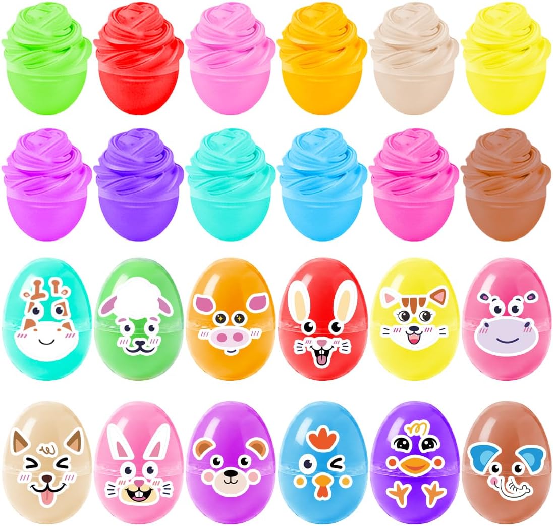 24 Pcs Easter Prefilled Eggs with Slime Toy for Easter Basket Stuffers, Playdough No-Sticky Squeeze Putty Butter Slime Party Favor for Kids