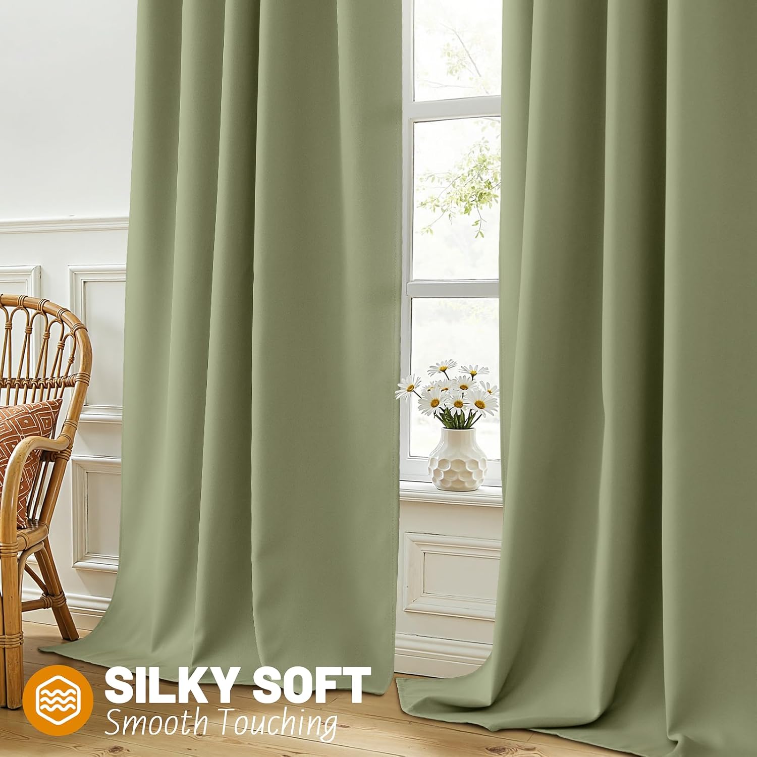 SimpleHome 100% Blackout Curtains for Bedroom,63 Inch Curtains for Living Room Rod Pocket and Back Tab Window Drapes Room Darkening Light Sage Curtain with Black Back,52 x 63 Inch,2 Panels