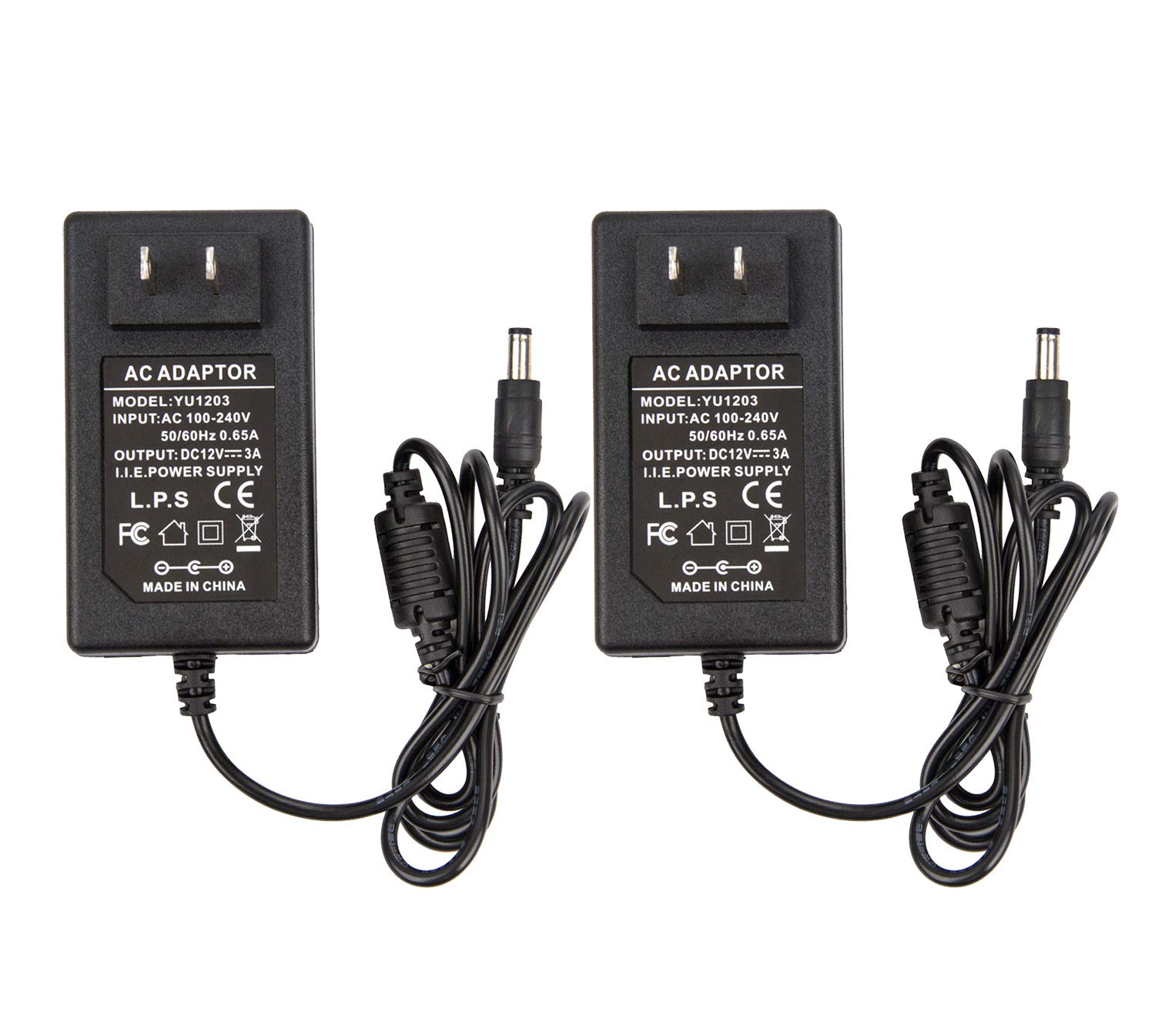 DC 12V 3A Power Adapter, 36 Watt AC 100-240V to DC 12Volt 3000mA Transformers, Switching Power Supply for LED Strip Light, Camera, Wireless Router (2 Pack)