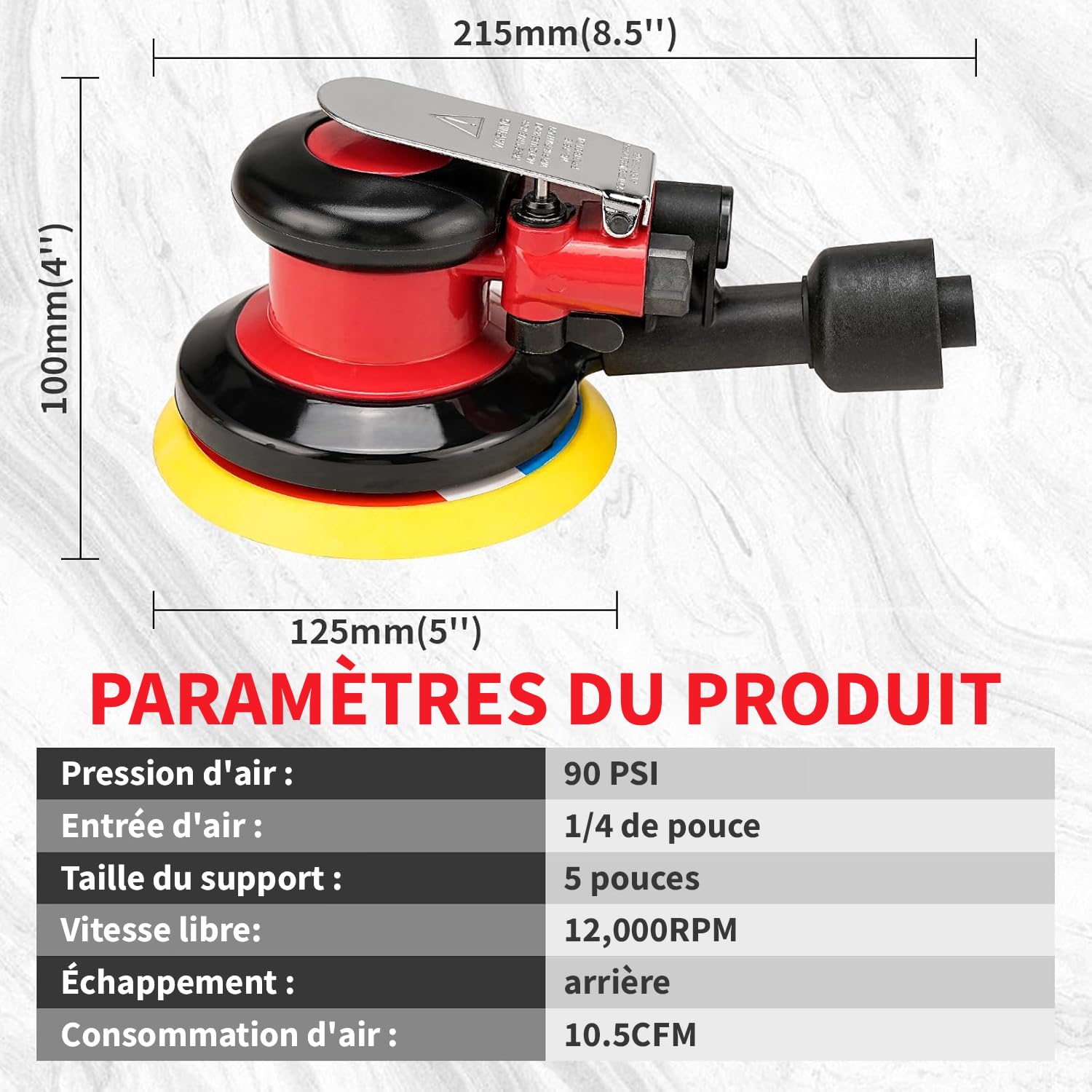 ponceuse pneumatique 5", adaptée au polissage automobile | Vitesse de rotation maximale : 12000 tr/min, léger poids, haut rendement,Avec aspiration intégrée