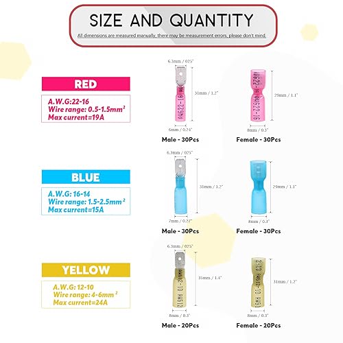 Miniatura 2 de Hilitchi paquete de 160 conectores de terminal tipo espada impermeables, termorretráctiles, totalmente aislados, hembra y macho, para cableado