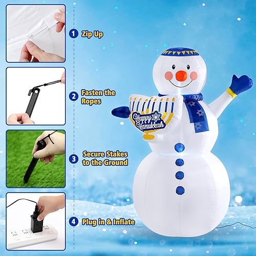 Miniatura 5 de Muñeco de nieve inflable de Hanukkah de 5 pies para decoración al aire libre, muñeco de nieve inflable y menorá de Hanukkah con luces integradas