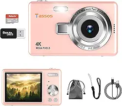 Câmera digital 1080P FHD 4k com tela LCD de 2,4", compacta e portátil para vlogs e fotos, com cartão SD de 32GB e zoom digital de 16x para adolescentes, estudantes e iniciantes. (Rosa)