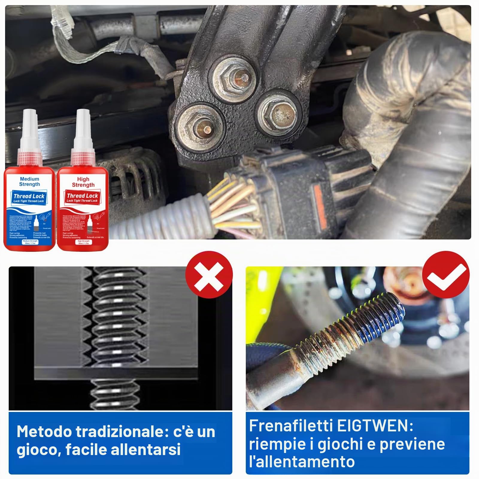 EIGTWEN frenafiletti forte e medio, 2 x 50 ml Locktight frenafiletti impedisce l'allentamento di dadi e viti a causa di vibrazioni prolungate e protegge e sigilla i dadi e le viti in metallo