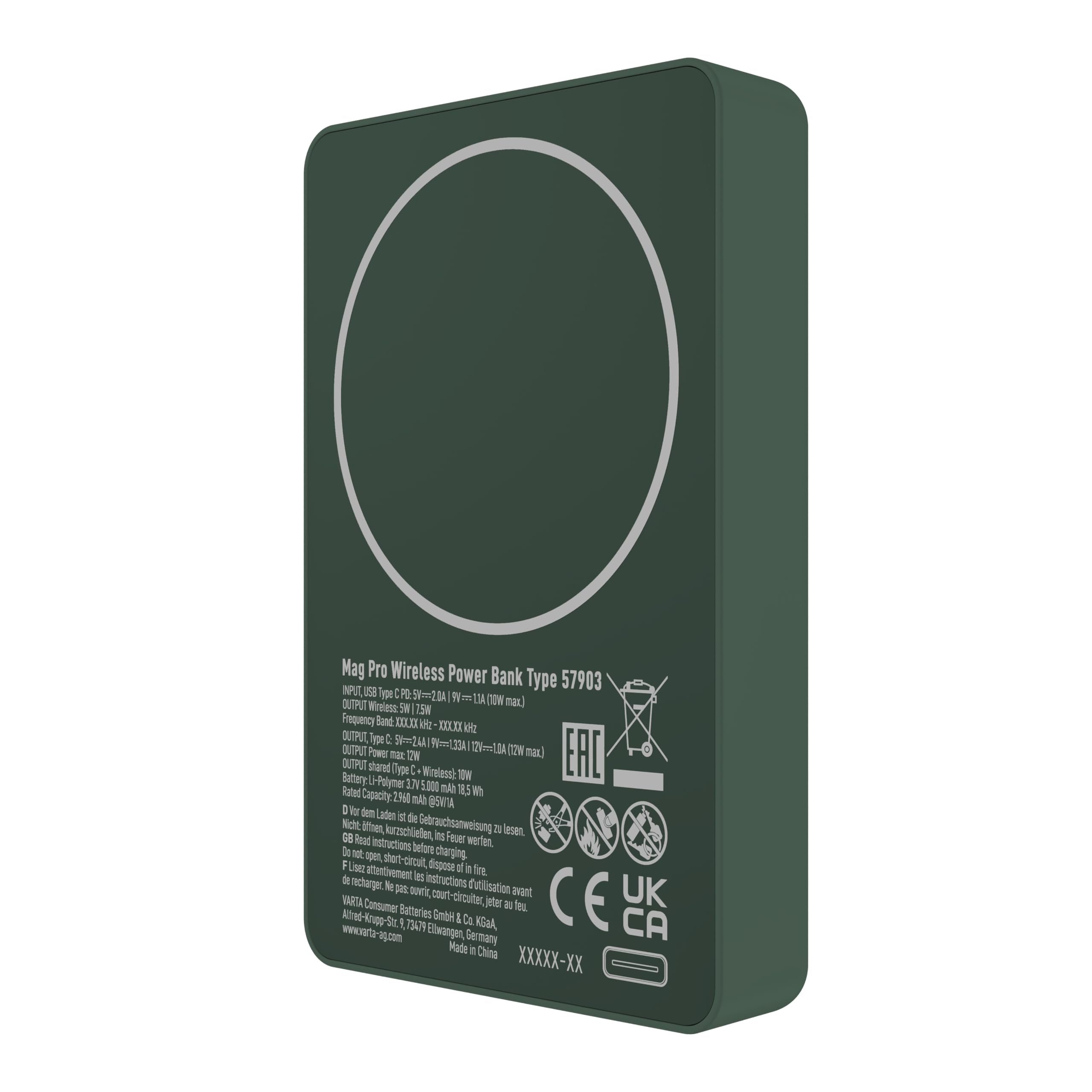 VARTA Batería Externa 5.000mAh, Power Bank inalámbrico magnético, Mag Pro Power on Demand, wireless, 7,5W, cargador con USB Tipo C, compatible con MagSafe y Qi Standard (iPhones y Android), verde | Power on Demand, carga inalámbrica MagSafe y Qi, cargador