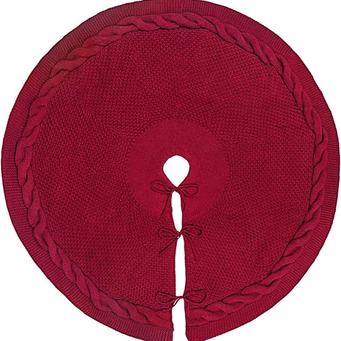 48 Inch Dark Red Knitted Christmas Maroon Tree Skirt， Large Xmas Tree Skirts Round Base Skirt for Christmas Tree Decorations， for 6-8FT Tree Christmas Treer Burgundy Tree Skirt Rug Decorations
