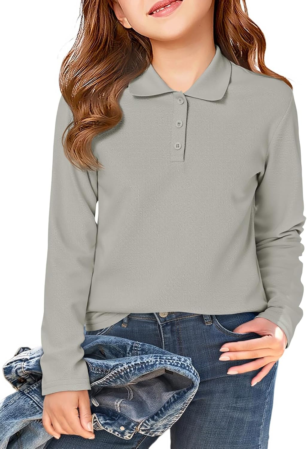 Haloumoning Girls School Uniform Long Sleeve Polo Shirt Kids Golf Pique Polo Shirts 5-14 Years