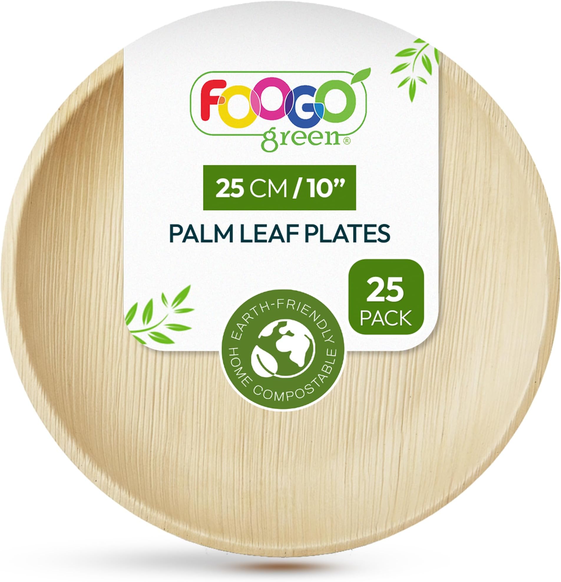 FOOGO Green 25pcs Disposable Palm Leaf Plates, 10"(25cm) Large Round, Eco Friendly Biodegradable Compostable Like Wooden, Bamboo, Paper Plates, for Hot Food, Wedding Picnic Parties