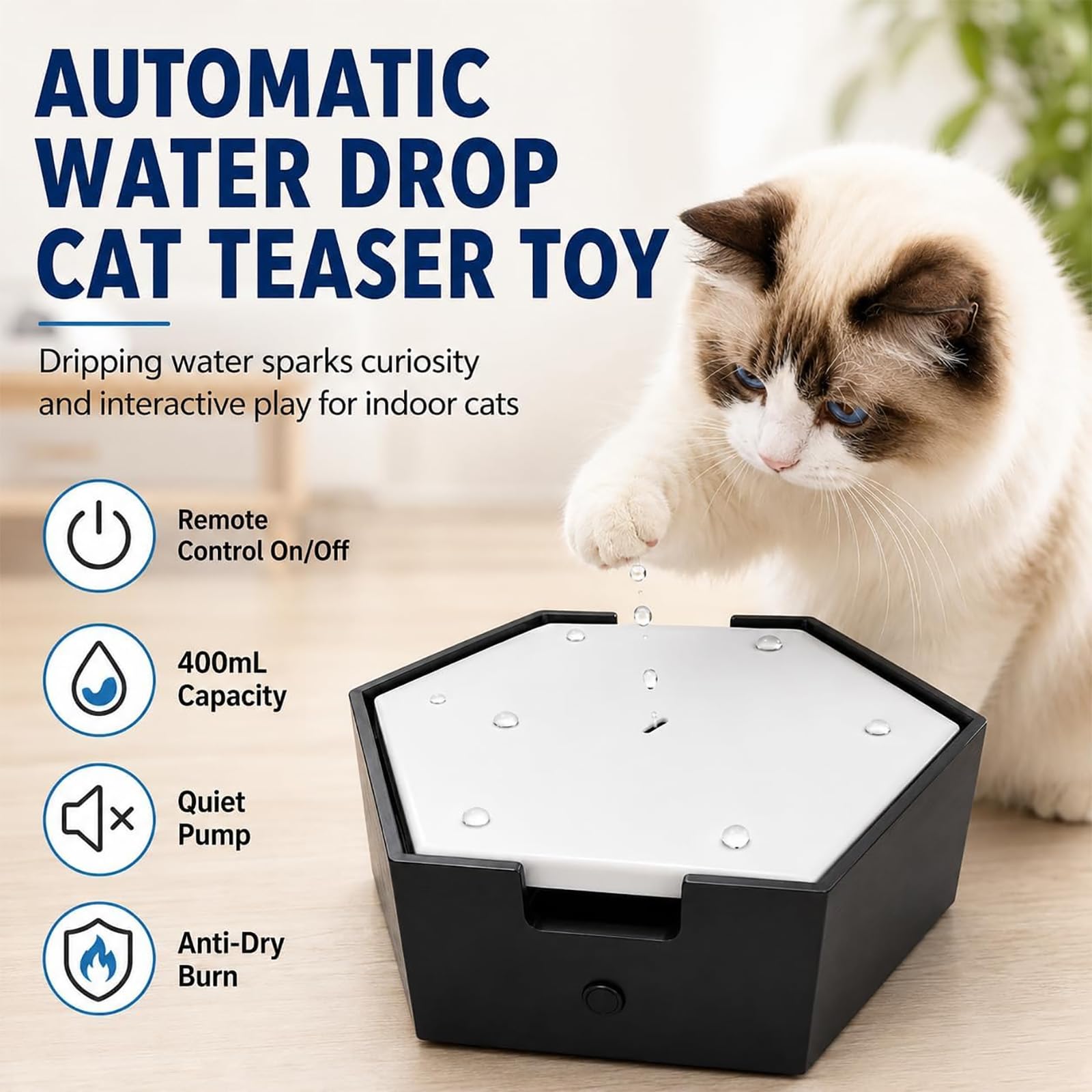 Gioco Automatico A Goccia Dacqua per Gatti, con Telecomando, Ideale per Gatti da Interno. capacità Dellacqua: 400 Ml. Pompa di Protezione Contro Il Funzionamento A Black Plug-in