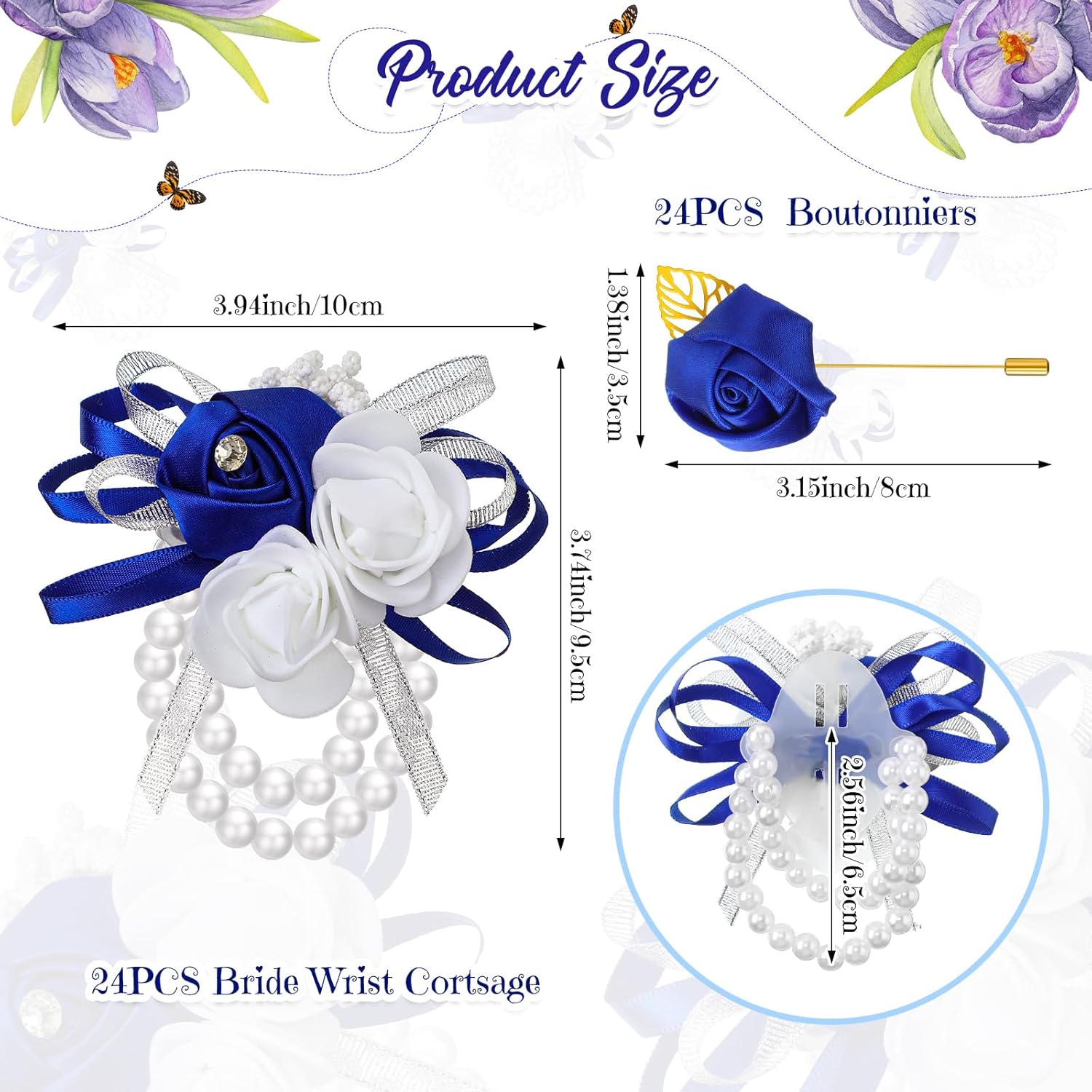 Tigeen 48 Pcs Wrist Corsage and Men's Boutonniere Set for Wedding Wristlet Corsage Hand Flower for Mother of Bride, Bridal, Bridesmaid Suit Decorations (Blue)