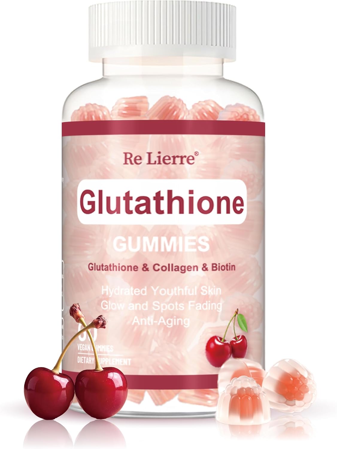 Glutathione & Collagen Gummies, Hydrolyzed Collagen Peptides Supplement for Skin with Vitamin C, Vitamin E, D-Biotin and Zinc, Glutathione Supplement for Women, Cherry Flavor, 60 Count