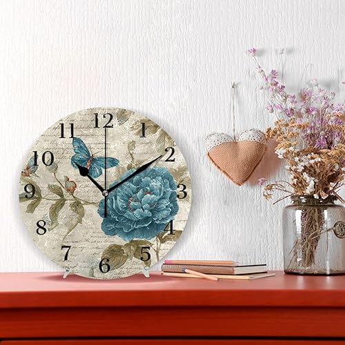 Miniatura 2 de Reloj de pared silencioso sin tictac, funciona con pilas, 9.5 pulgadas, para cocina, hogar, sala de estar, flor azul, mariposa, retro