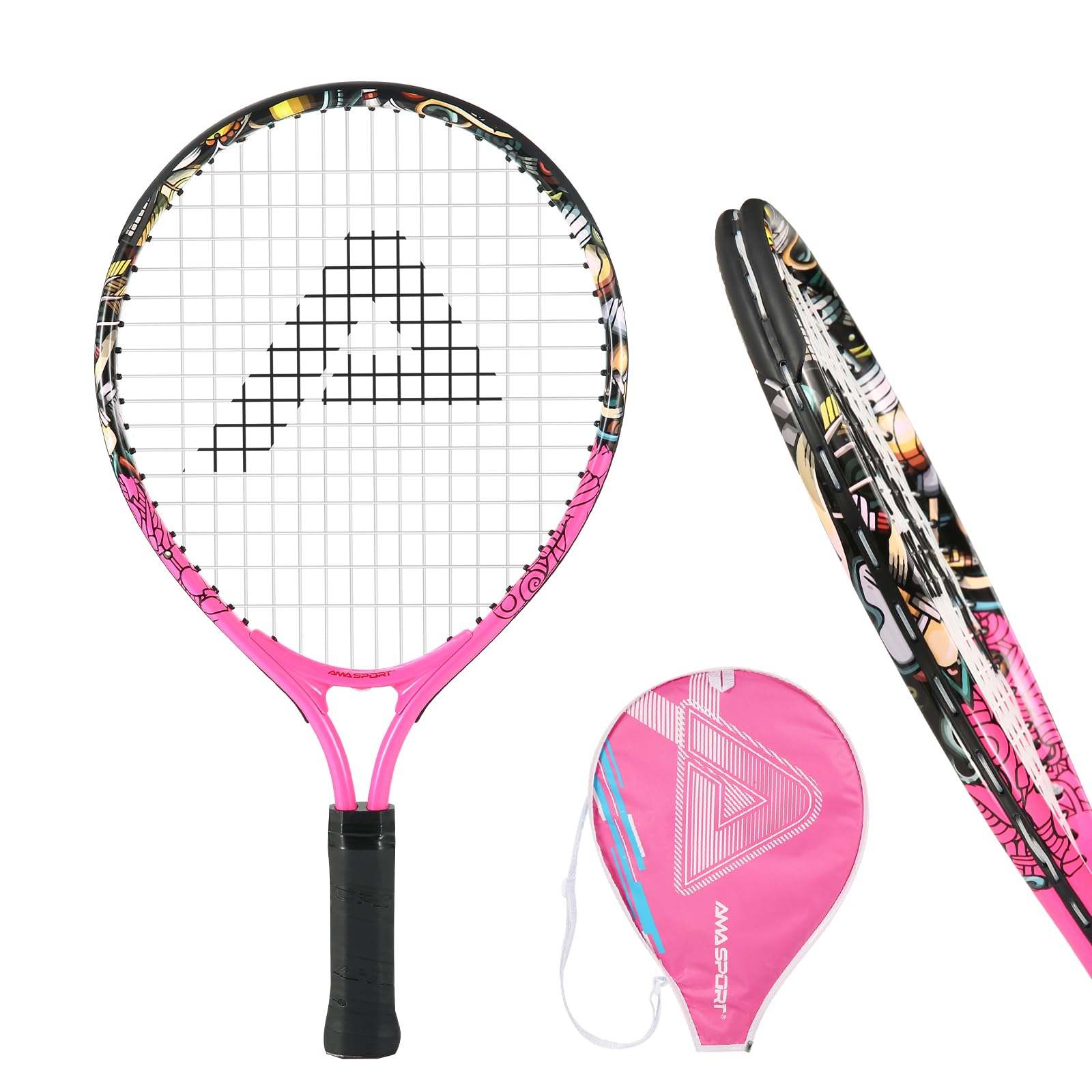 kids tennis racket for boys & girls aged 2-12 - multi-color & style youth tennis racket for beginner, includes 420d nylon shoulder strap bag