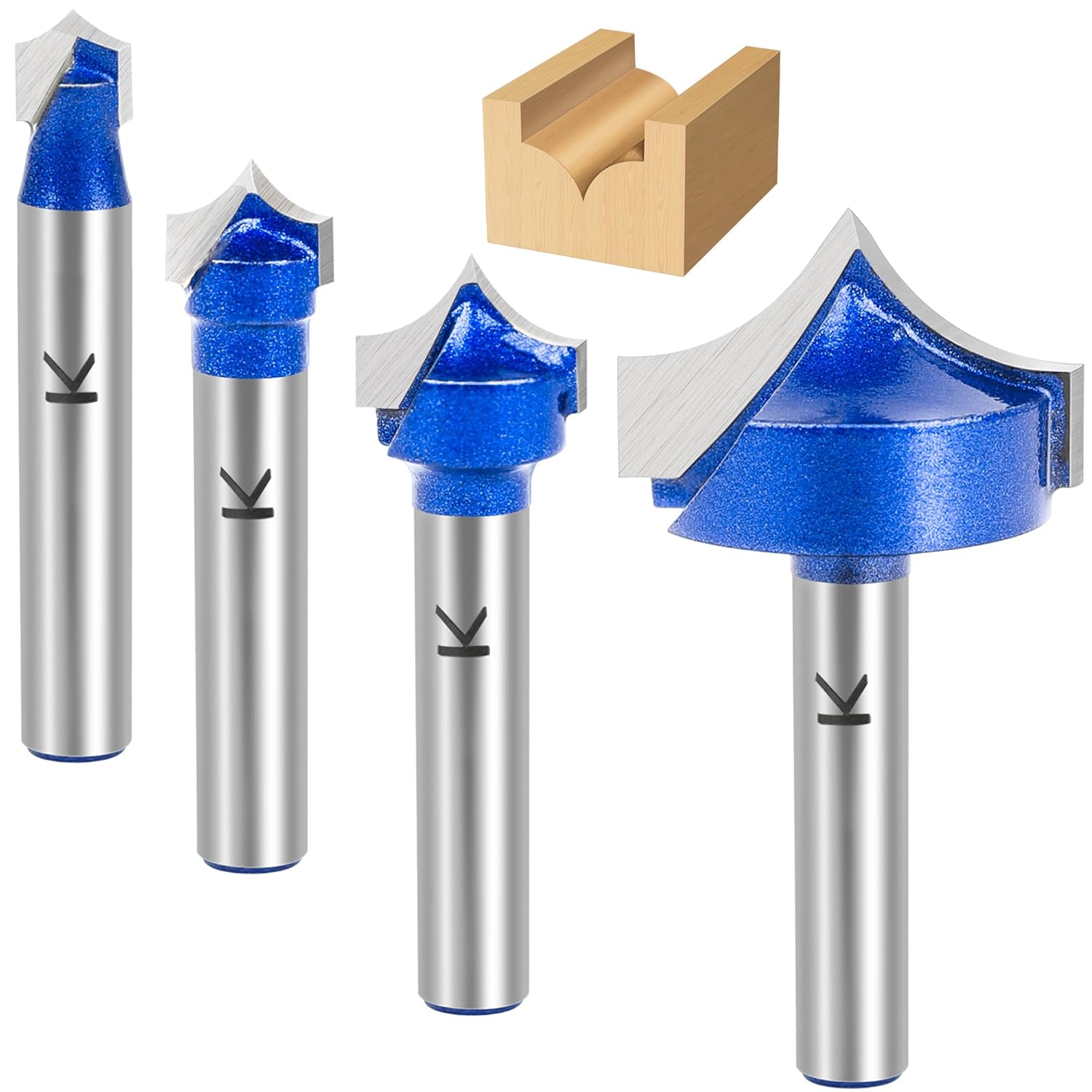 4Pcs Carbide Groove Point Cutting Roundover Router Bit Set 1/4" Shank,Cutting Dia. 1/4“,3/8",1/2" and 1",Roundover Plunge Cutter for Wood Engraving