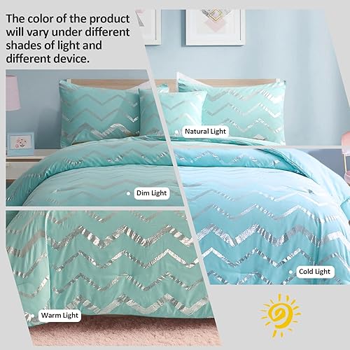 Miniatura 2 de Juego de edredón Aqua tamaño individual, color verde azulado metálico y plateado, edredón de microfibra ligera de 3 piezas para adolescentes y niños