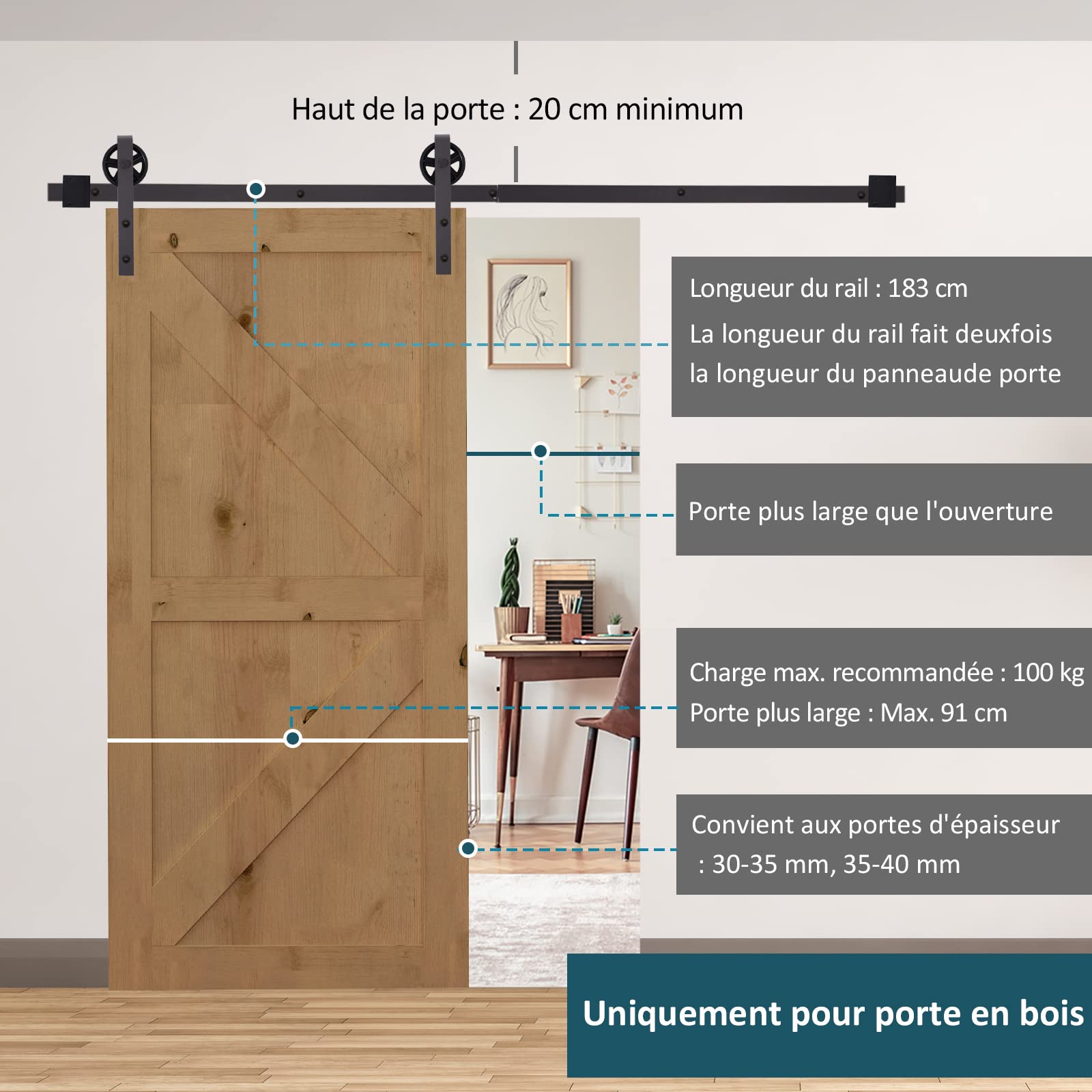 HOMCOM Kit de Rail pour Porte Coulissante en Acier au Carbone 183 cm Café | Quincaillerie Grange à Porte Coulissante
