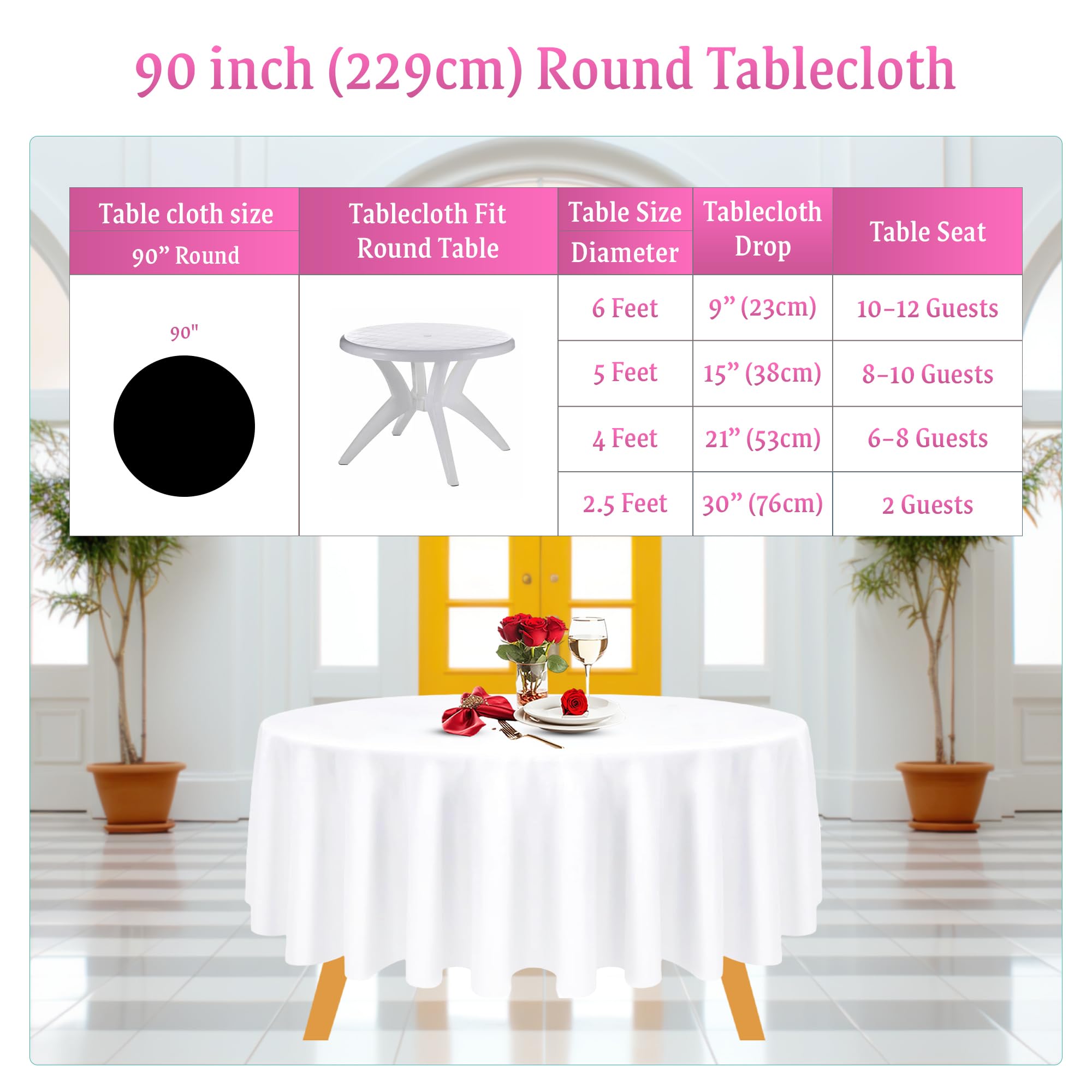 WedDecor Mantel Redondo Blanco de 90 Pulgadas para Mesa Circular, Tela de Lino de poliéster Duradero, Lavable para Cocina, Comedor, Boda, cumpleaños, Aniversario, Eventos