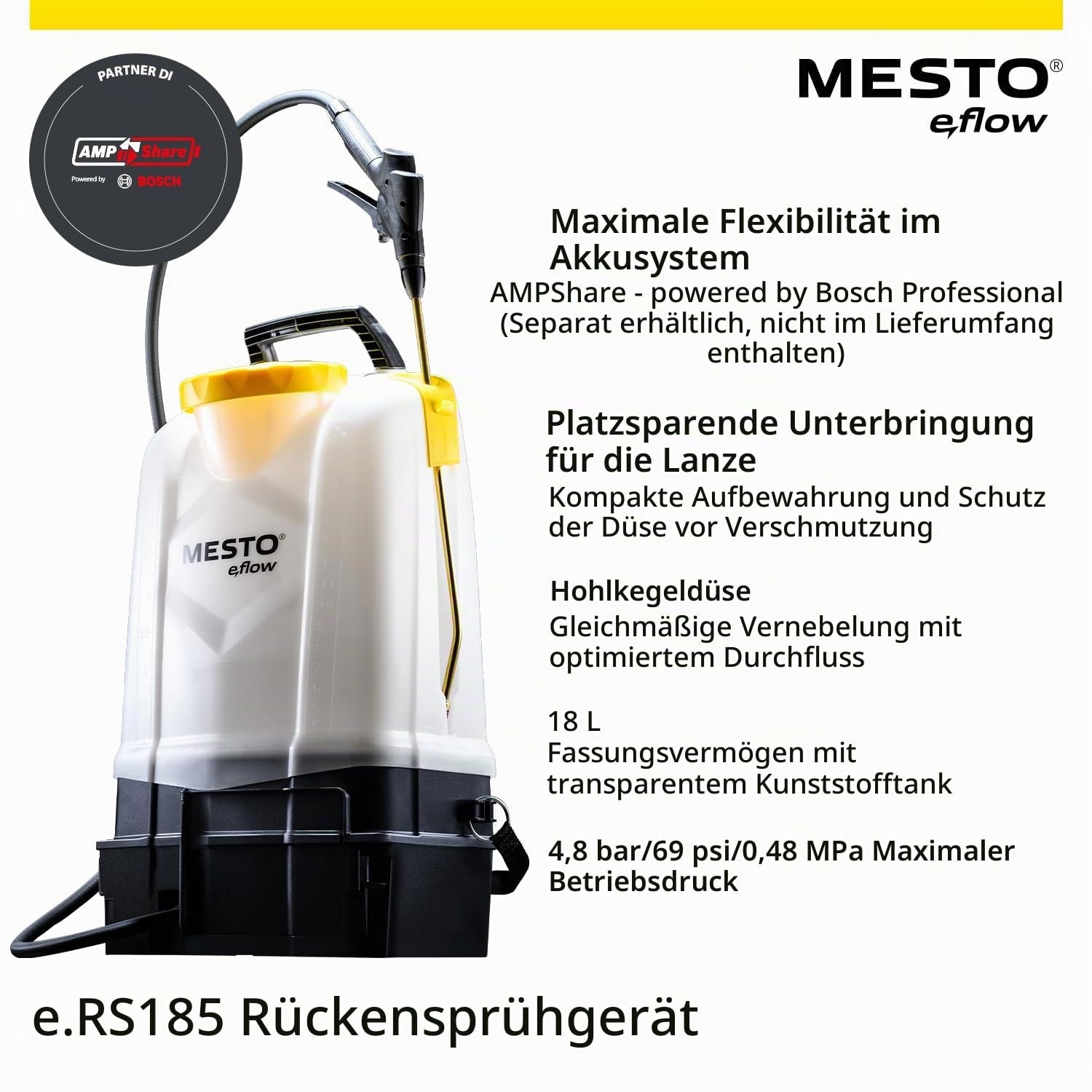 MESTO e.RS185 Akku-Rückenspritze 18 L | Akku Sprühgerät mit 4,8 bar Druck | Elektrischer Drucksprüher | Gartenspritze Akku | Rückensprühgerät
