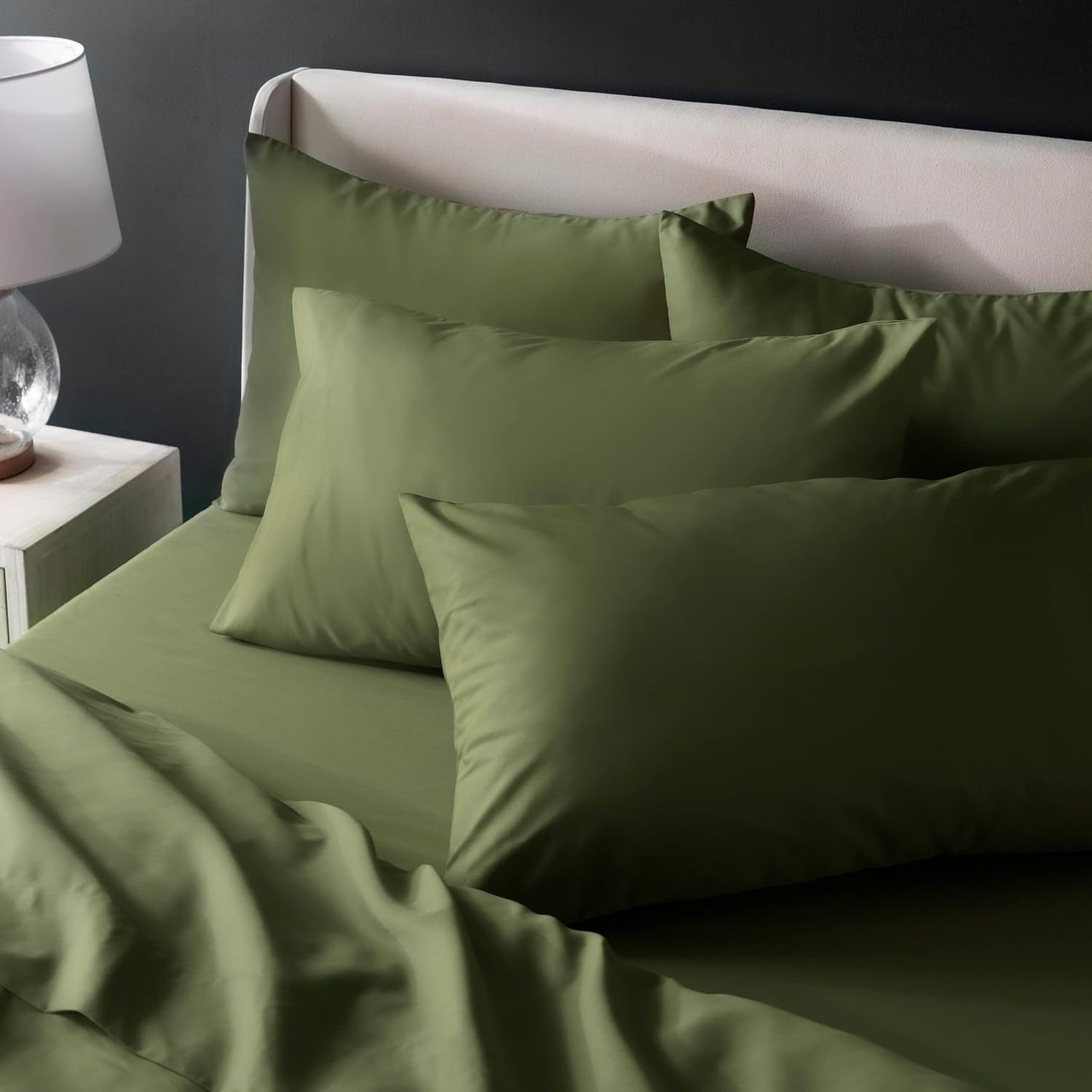 Welhome 100% Organic Cotton Sheets | Pre-Washed King Size Sheets with Deep Pockets | 4 Piece Olive Green Sheets | Soft Breathable Organic Sheets | Easy Fit & Durable Fall Bedding Sheets & Pillowcases