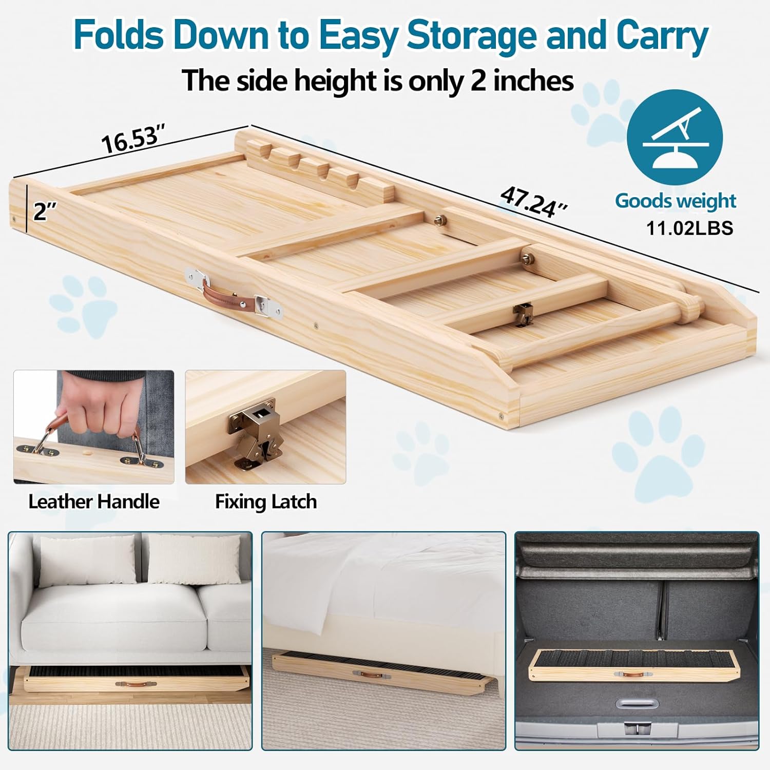 Tresbro Dog Ramp for Bed, 4 Level Adjustable 14.56 to 24 Dog Ramps with Anti-Slip Carpet  Carrying Handle, Portable Dog Ramp Supports up to 120LBS for Small Medium Large Dogs to Get on Bed, Couch