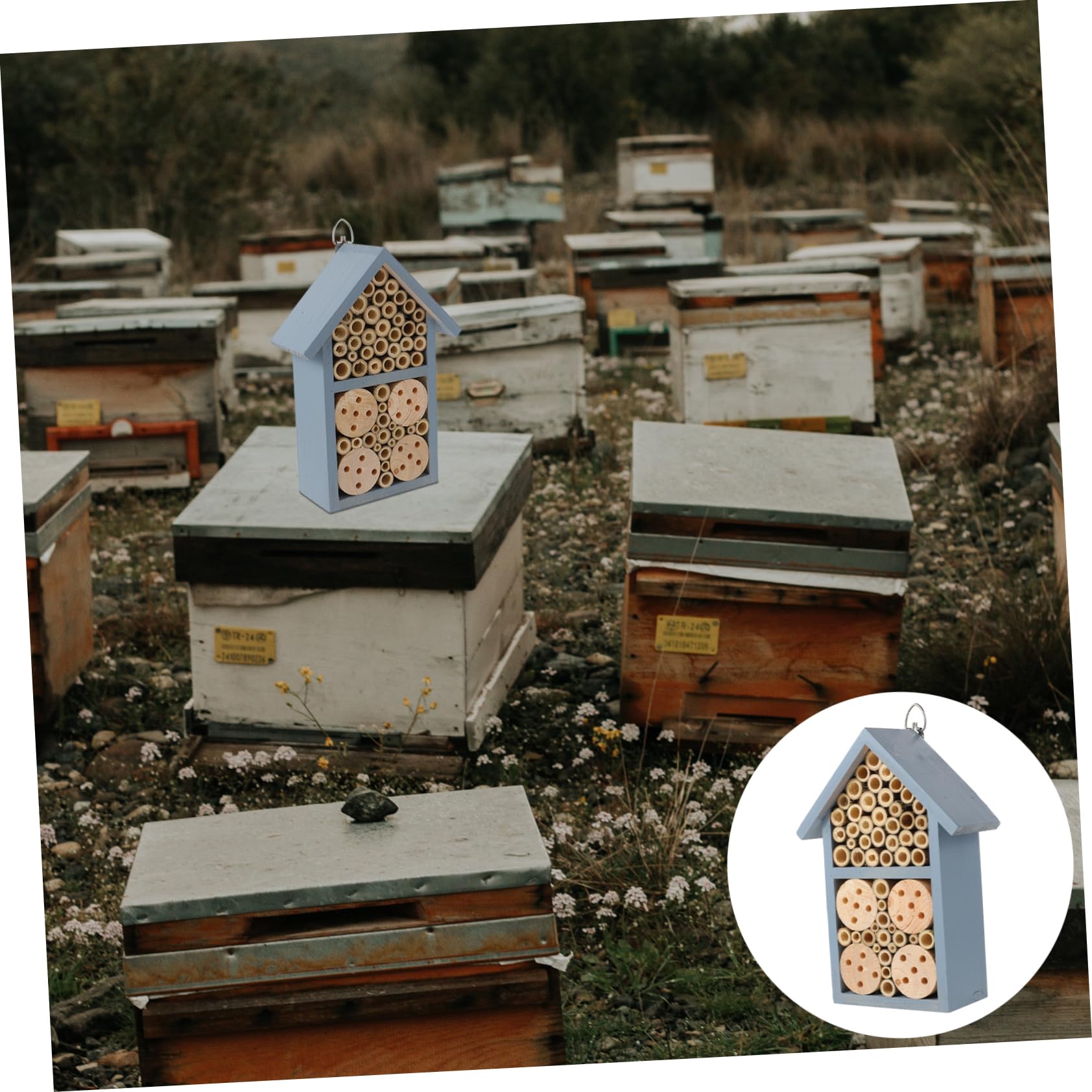 Insektenhotel Holzhaus Outdoor Bienenhaus Garten Mit Schmiedeeisernem Haken Hängend Überwinterungsplatz Für Wildbienen Und Marienkäfer Dekoratives Nisthilfe