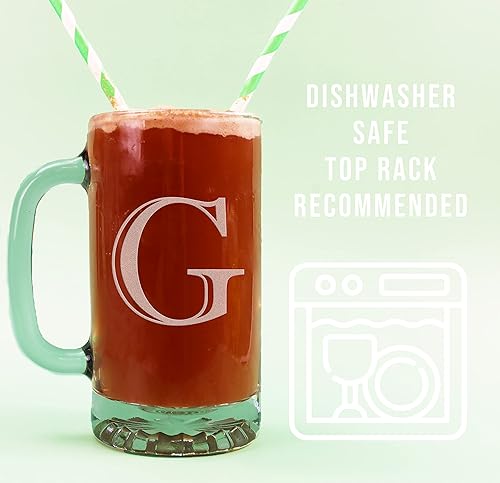 Miniatura 198 de Taza de cerveza de vidrio con monograma grabado de 16 onzas (letra T), regalos de cerveza personalizados de la A-Z para hombres, Día del Padre