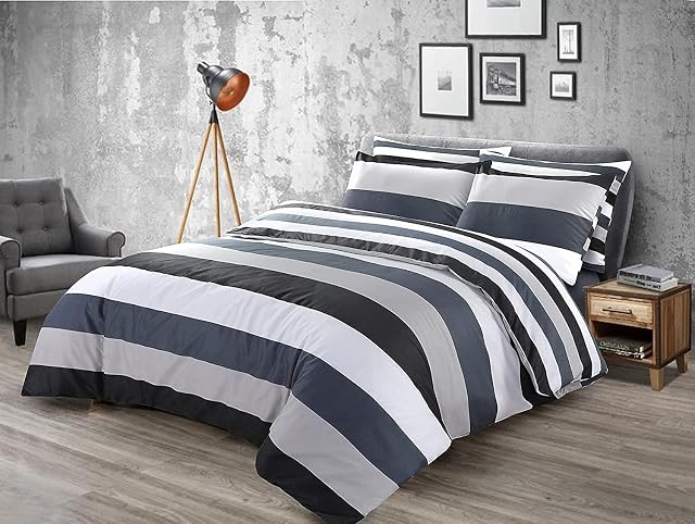Seventhstitch King Size Duvet Cover Set with Pillowcases 100% Cotton Silver / Grey / White / Black Bedding Bed Sets Printed Reversible Stripe Quilt Covers (King)