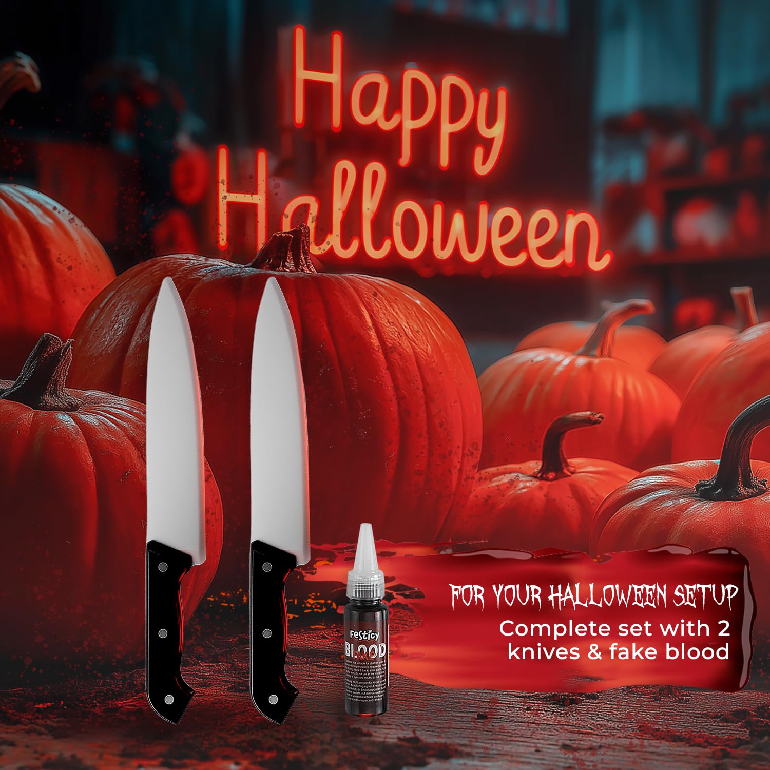 Festicy Fałszywy nóż 2-częściowy zestaw I Fake Knife z tworzywa sztucznego o pojemności 25 ml sztucznej krwi I plastikowy nóż na Halloween jako nóż Scream, nóż Ghostface, nóż Michael Myers