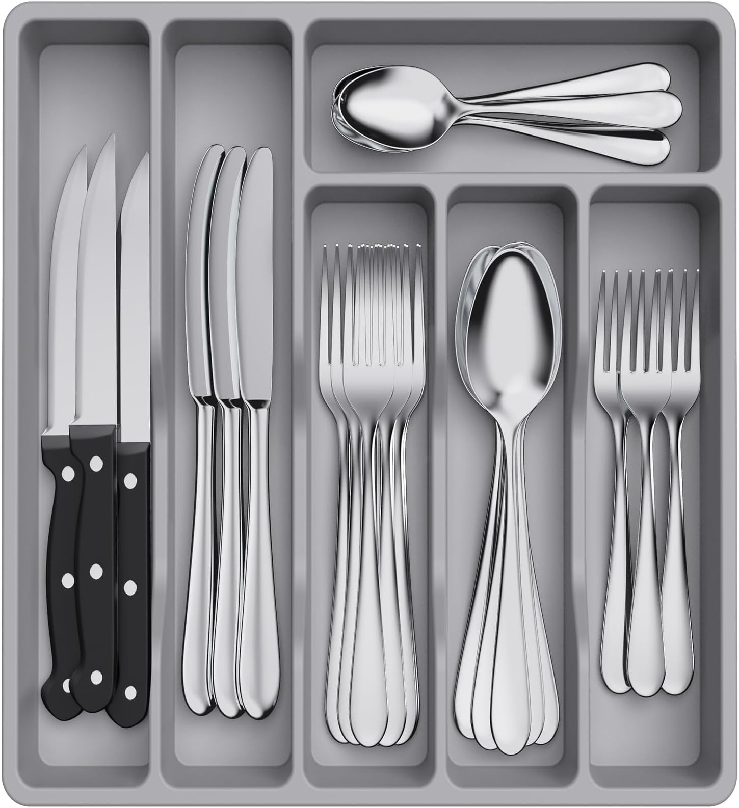 Lifewit Silverware Drawer Organizer Tray, Plastic Cutlery Storage for Kitchen, Flatware and Utensil Holder Divider for Spoons Forks Knives Tableware, 12.4 x 11.7", 6 Slots, Gray
