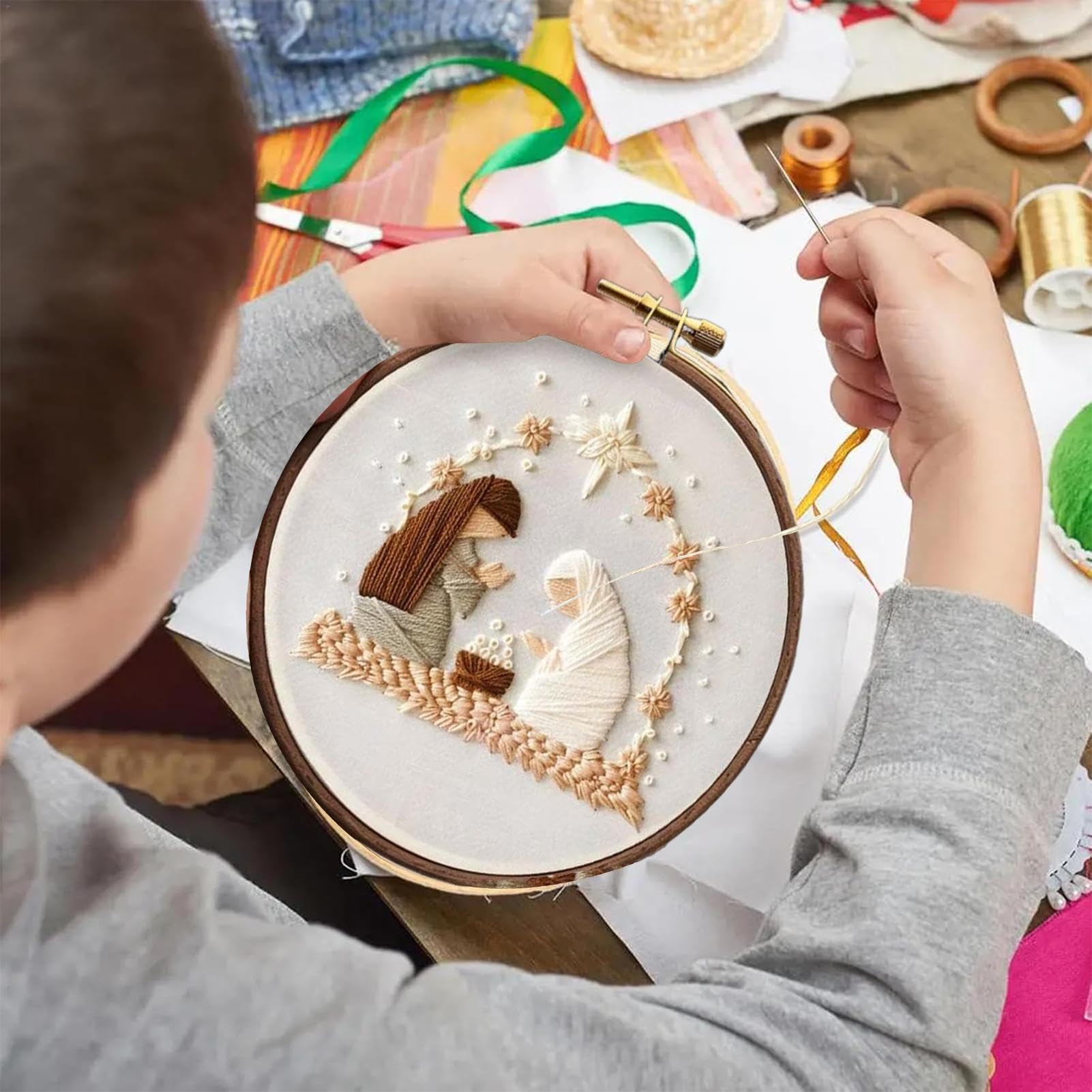 Gupcaqosjw Kit Da Ricamo Presepe Natalizio Per Principianti - Telaio 15 Cm, Motivo Stampato, Scena Natività - 3