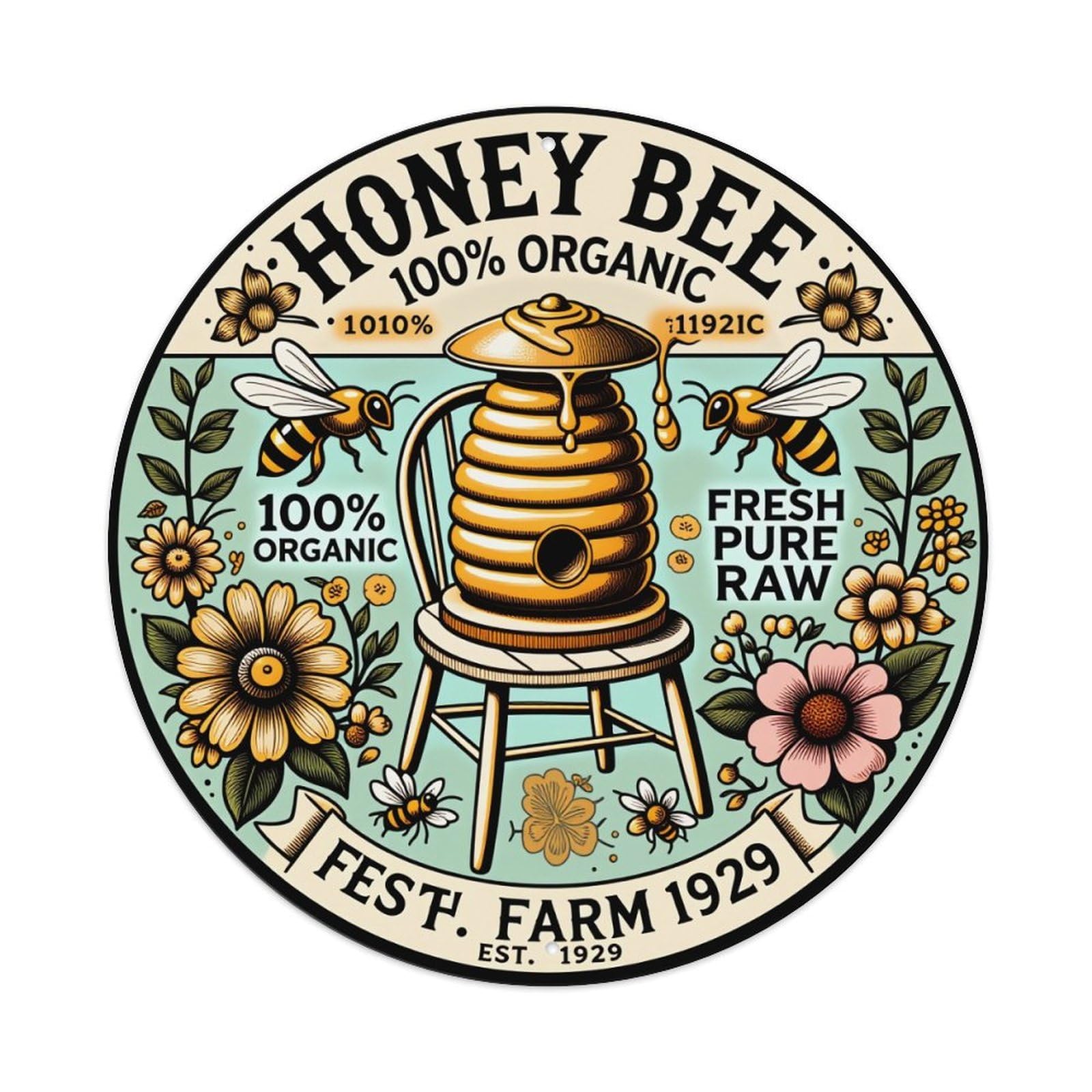 Honey Bee Hive Floral Pattern Metal Tin Sign Vintage Garden Bedroom Cafe Bar Man Cave Home Wall Decor Metal Poster 8x8 inches