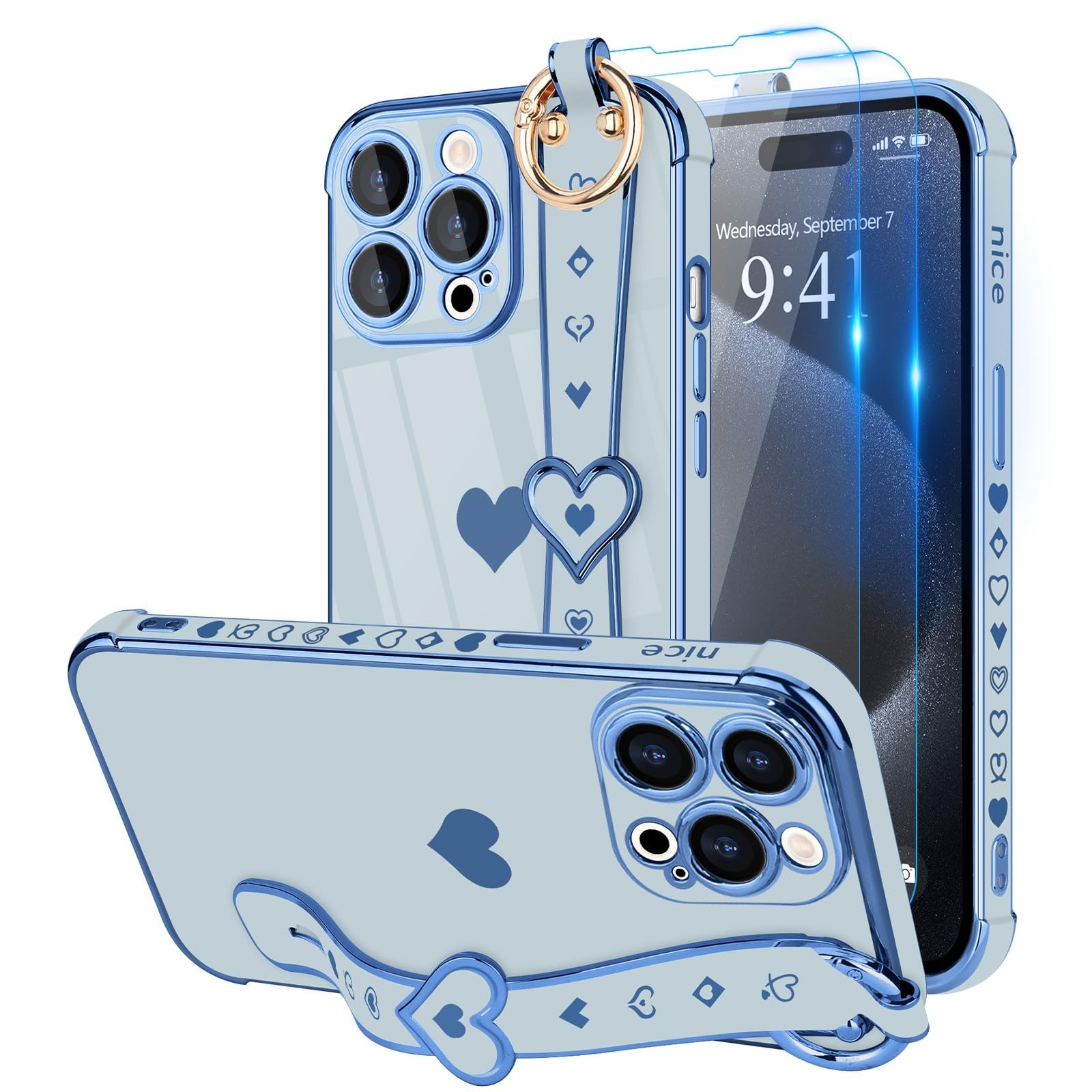 LLZ.COQUE Compatible with iPhone 15 Pro Max Case with Strap for Women Girls [2× Screen Protectors], Cute Love-Hearts, Wristband Kickstand Luxury
