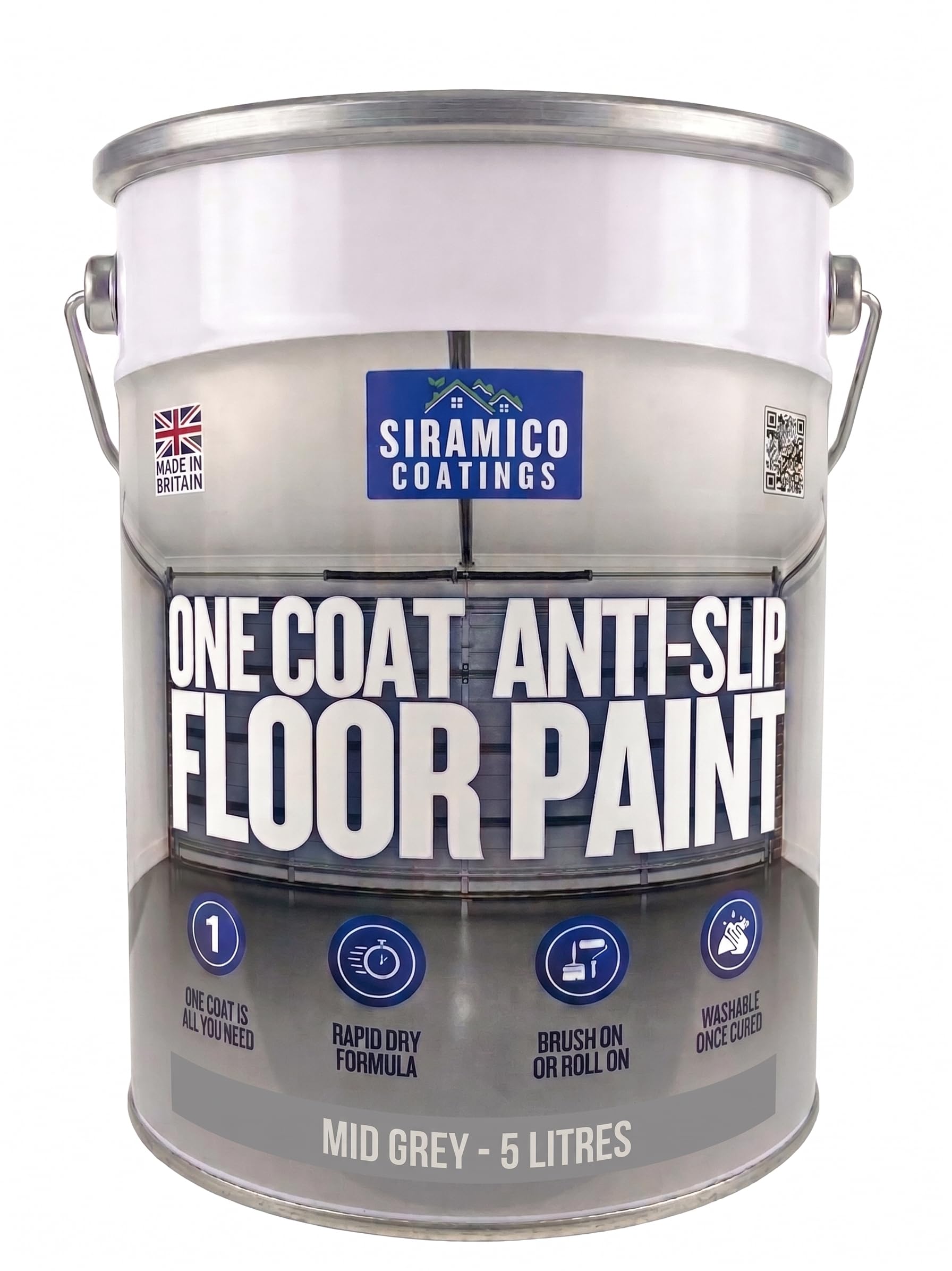 SIRAMICO COATINGS One Coat Anti-Slip Floor Paint | 5 Litres | 5 Modern Colours I Waterbased, Quick Drying Formula | White, Black, Greys (Mid Grey, 5 Liters)