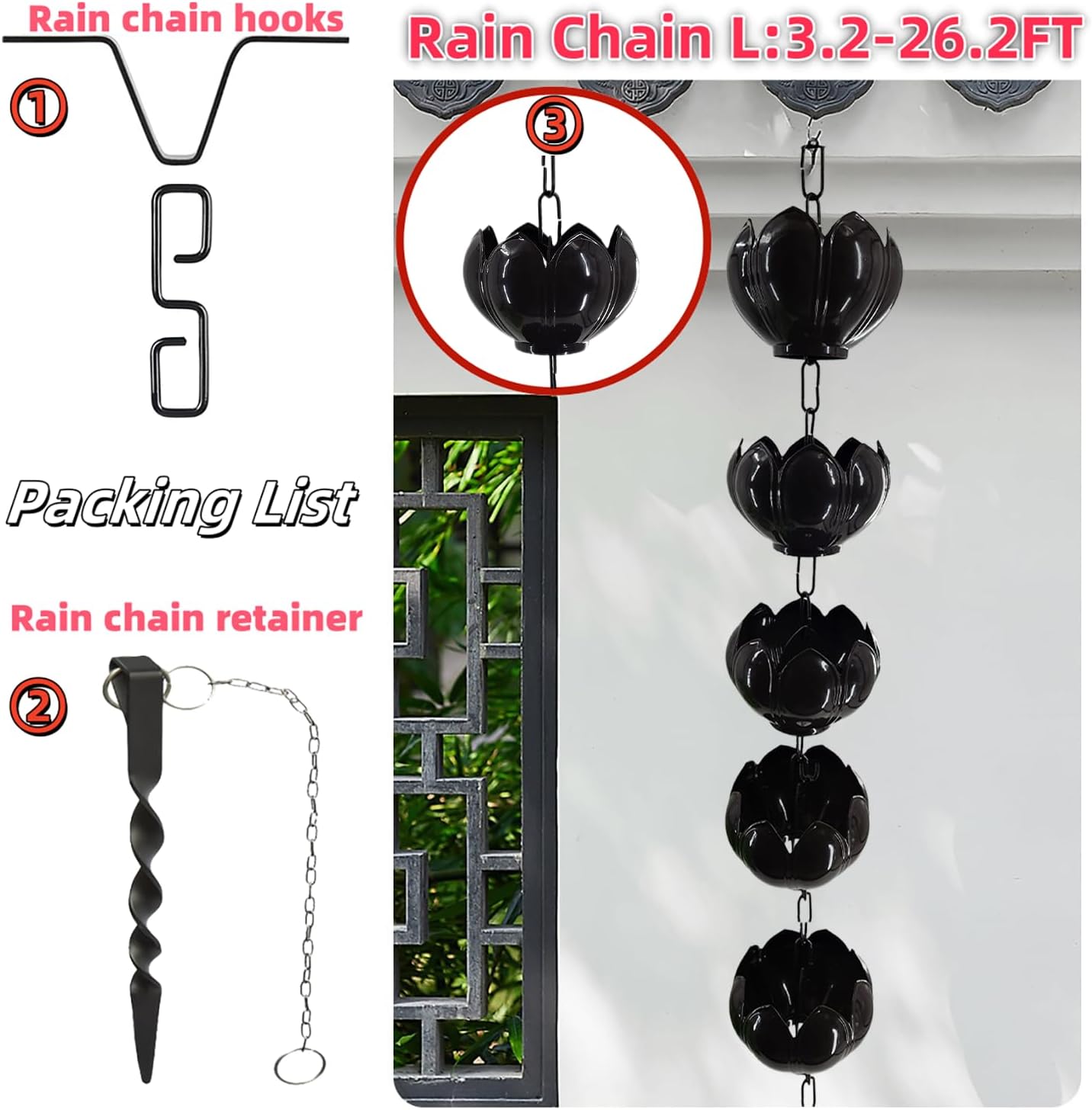 DFTDFYXYRain Chain Outdoor Aluminum Rain Chains Adjustable Gutter Water Feature Or Downpipe Yard Garden Outdoor Living Wind Adjustable Rain Catcher Chain Movable Hanging for Drainage,1.5m(4.9ft)
