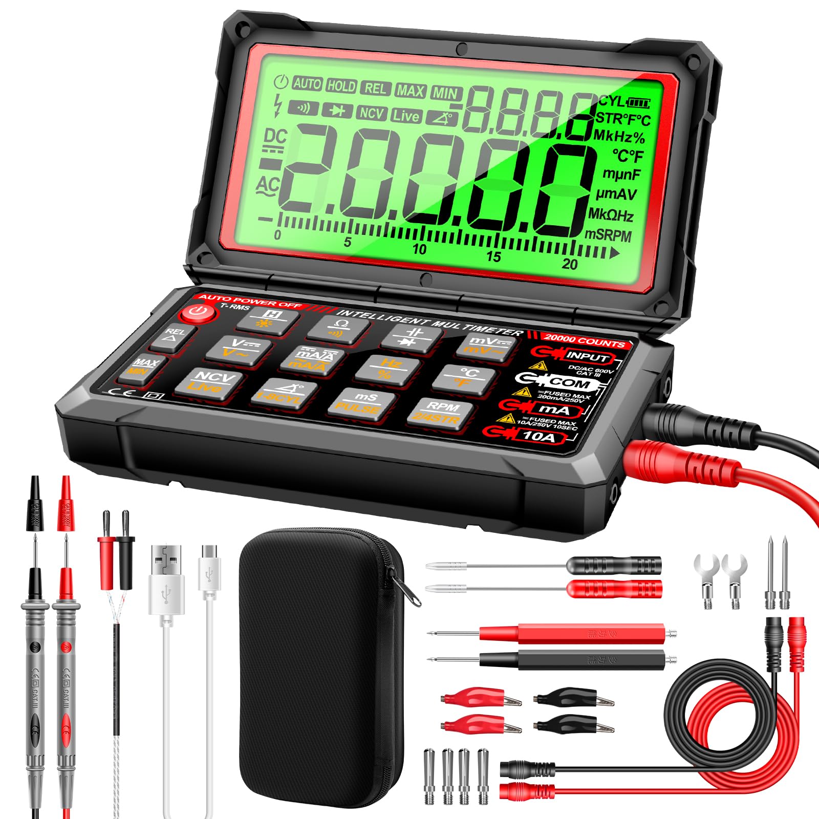 ANENG Multimeter,20.000 Counts Digitaler Kabelloser Kfz-Motoranalysator mit 300-19.999 U/Min Drehzahlmesser,AC/DC Strom,Spannung,Ohm,Hochklappbarem LCD-Display,Data-Hold-Tester für die Kfz-Diagnose